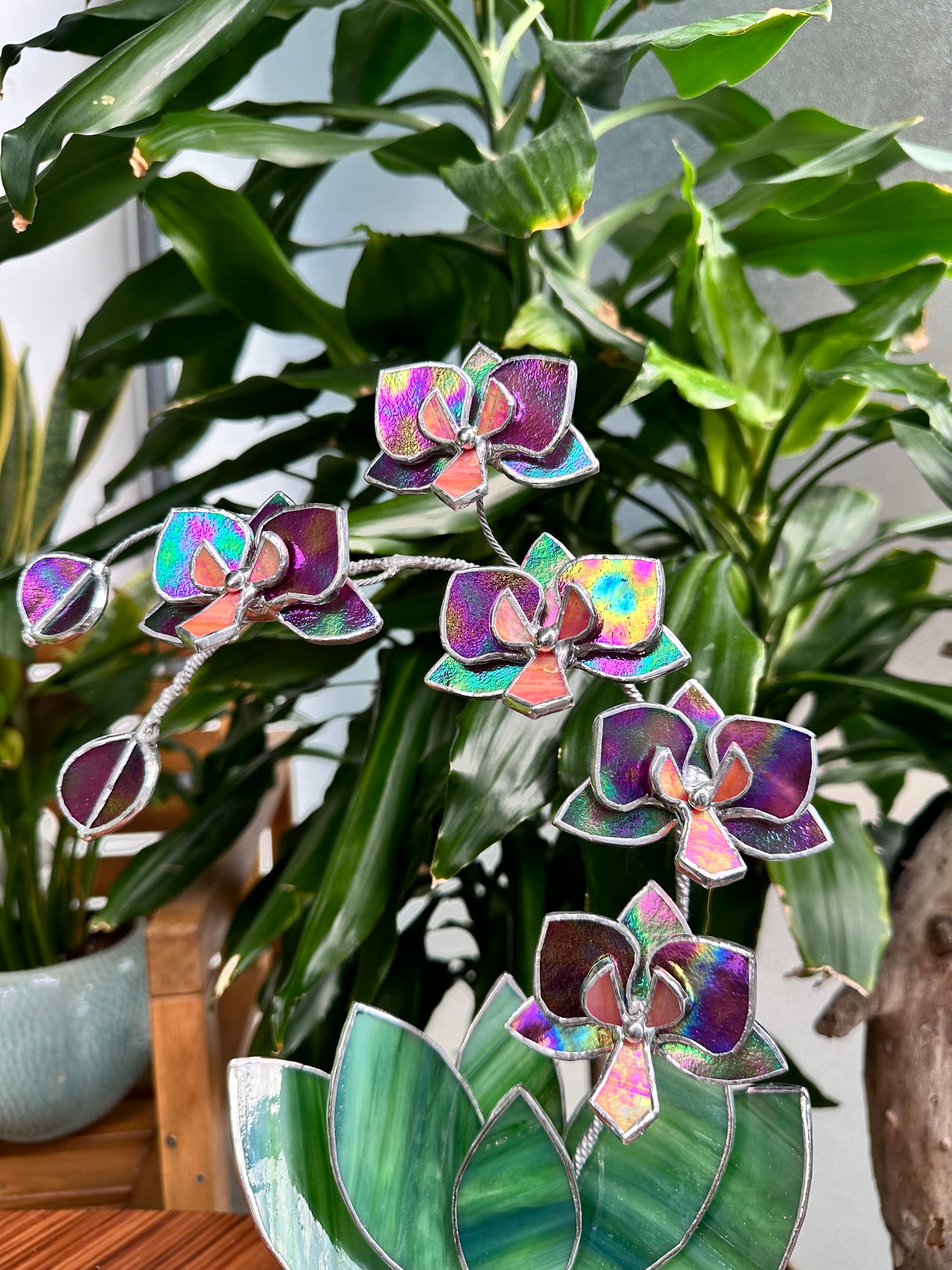 " . Mauve iridescent Orchid 5 flowers with pot" Stained glass tropical flower 3D, Sun catcher, Table plant, Garden stick, wedding decor, Christmas gift, available