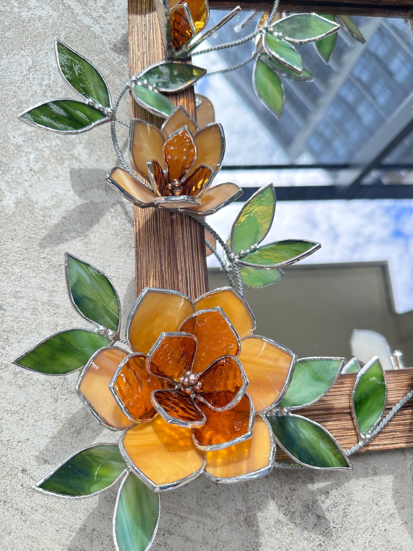 " . Amber Magnolia Flower Mirror, Stained glass Wedding Wall Decor, Christmas gift, Suncatcher