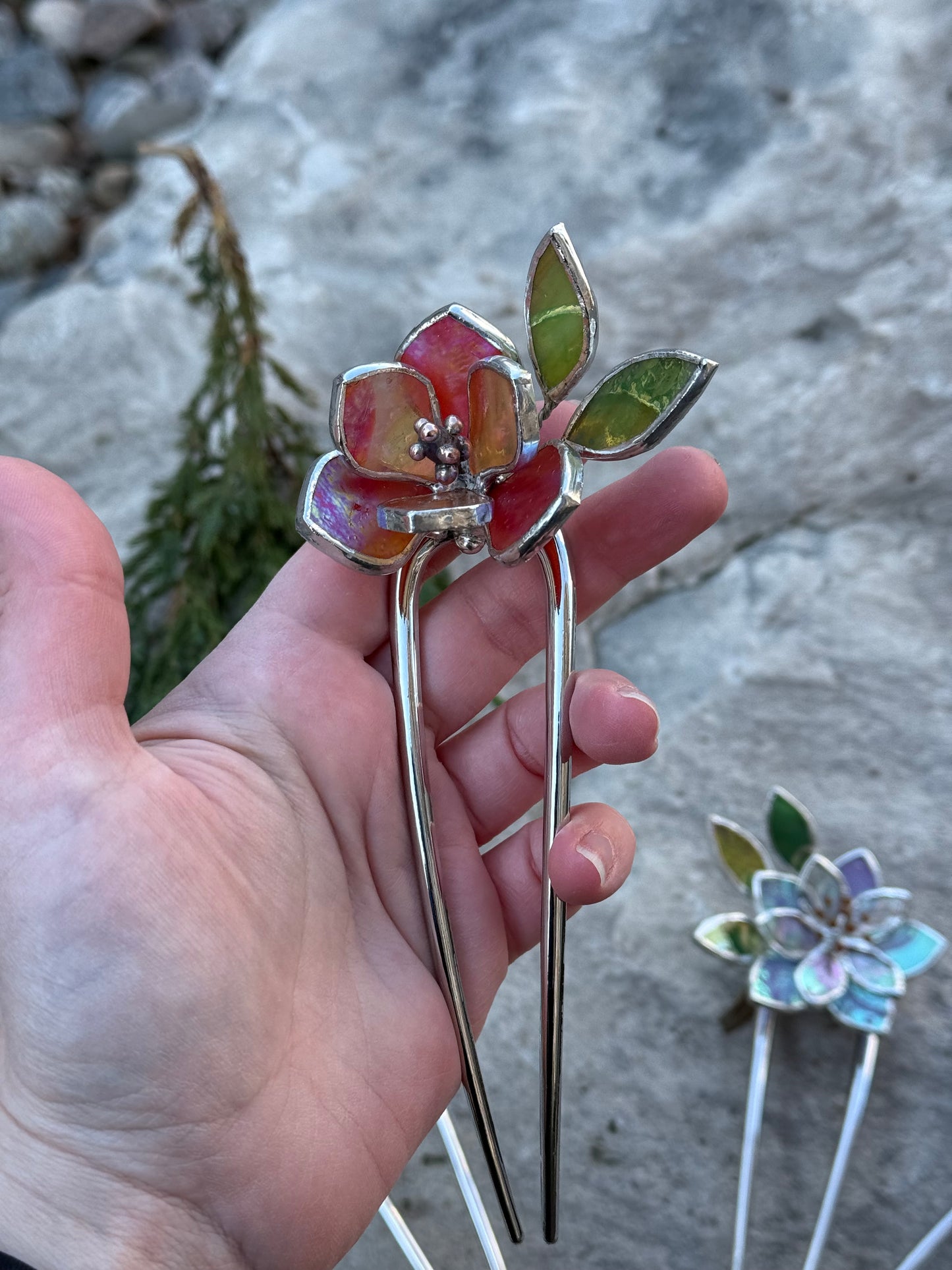 Hair Pin Stained Glass Magnolia Flower CHOOSE COLOR Handmade Floral Accessories