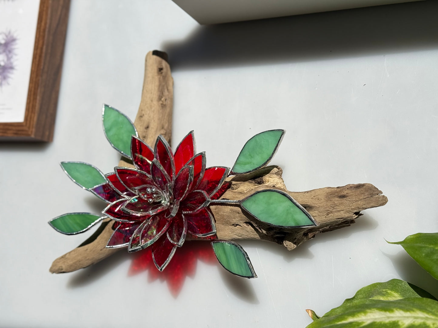 .Fire Flower Iridescent Stained Glass Driftwood Wall Decor Suncatcher