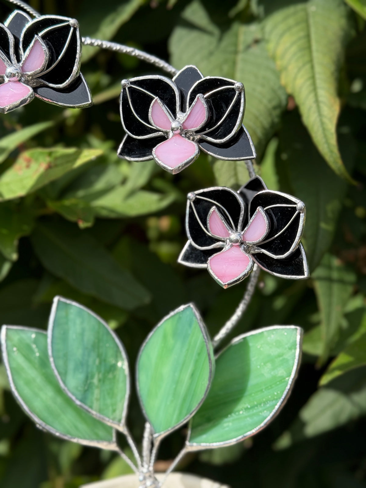 Black Pink Orchid 3 flowers with pot, Stained glass tropical flower, Sun catcher