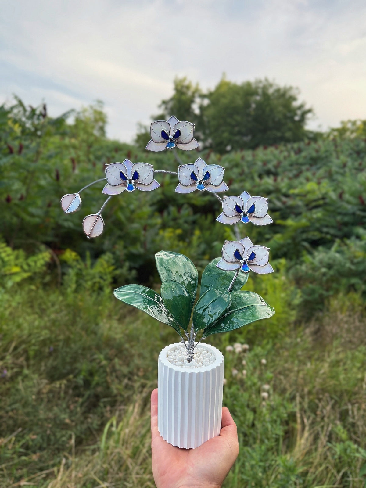 Pearl White iridescent Artificial Orchid, WITH RESIN LEAVES, 5 Flowers, Handmade Botanical Art Decor