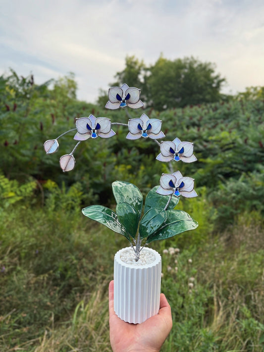 .Pearl White iridescent Artificial Orchid, WITH RESIN LEAVES, 5 Flowers, Handmade Botanical Art Decor