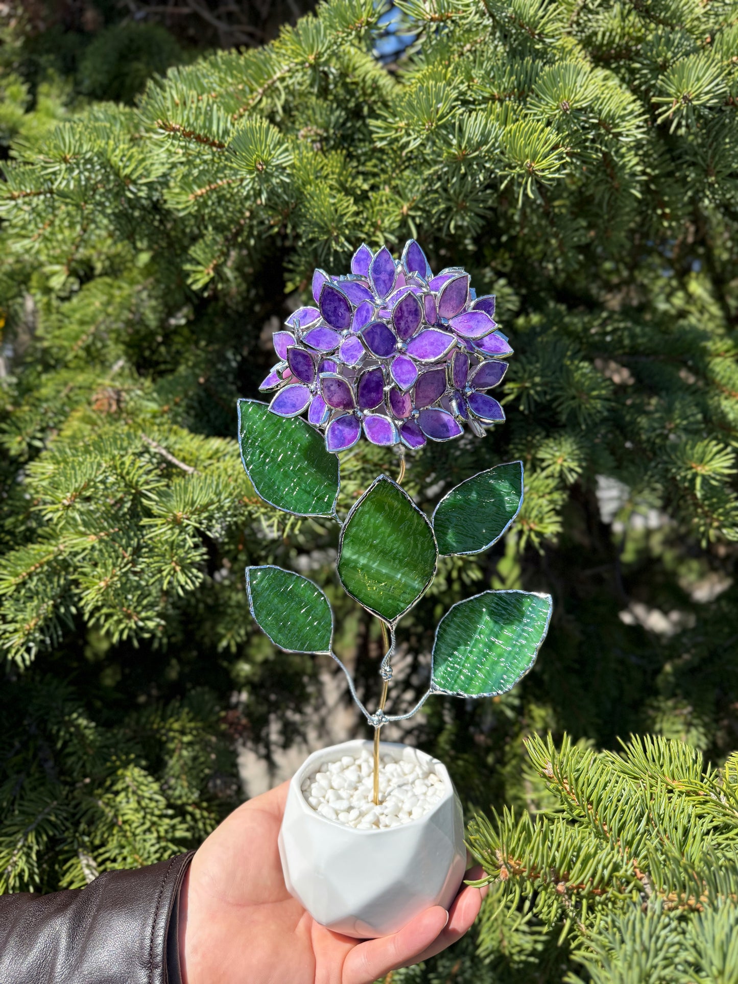 .Hand Painted Hydrangea Purple Stained glass Handcrafted Floral Home Decor