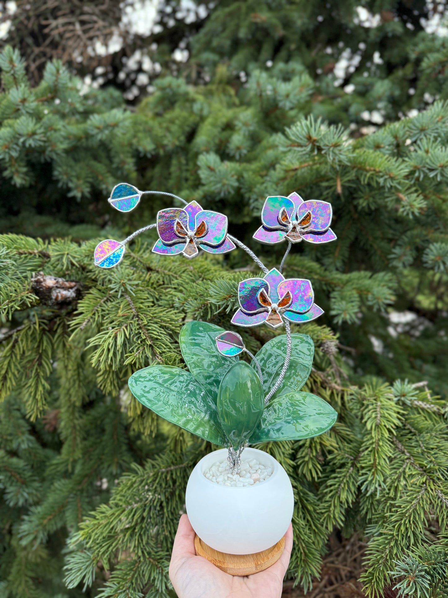Orchid Indigo Iridescent Stained Glass WITH Hand Painted RESIN LEAVES, 3 Flowers, Botanical Table Decor