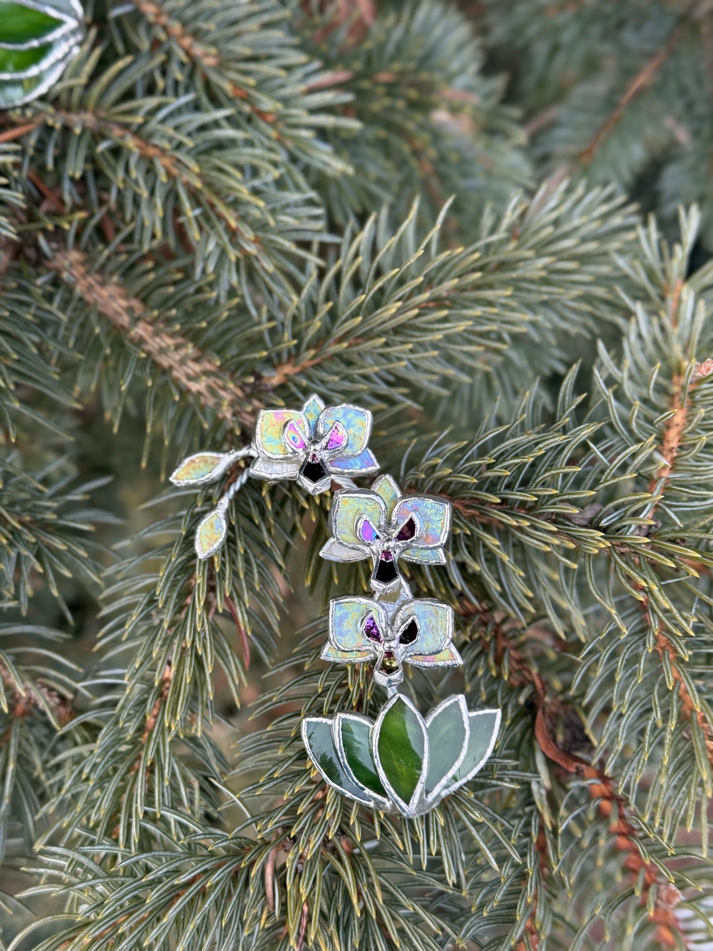 " . Brooch Orchid lemon yellow iridescent” Stained glass tropical flower 3D