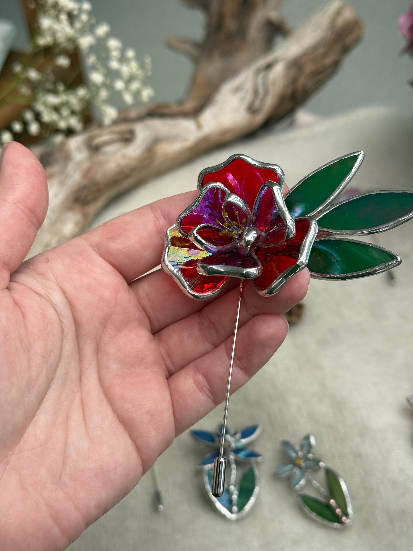 Red Rose Brooch Statement Stained Glass Floral Pin, Modern Art Jewelry