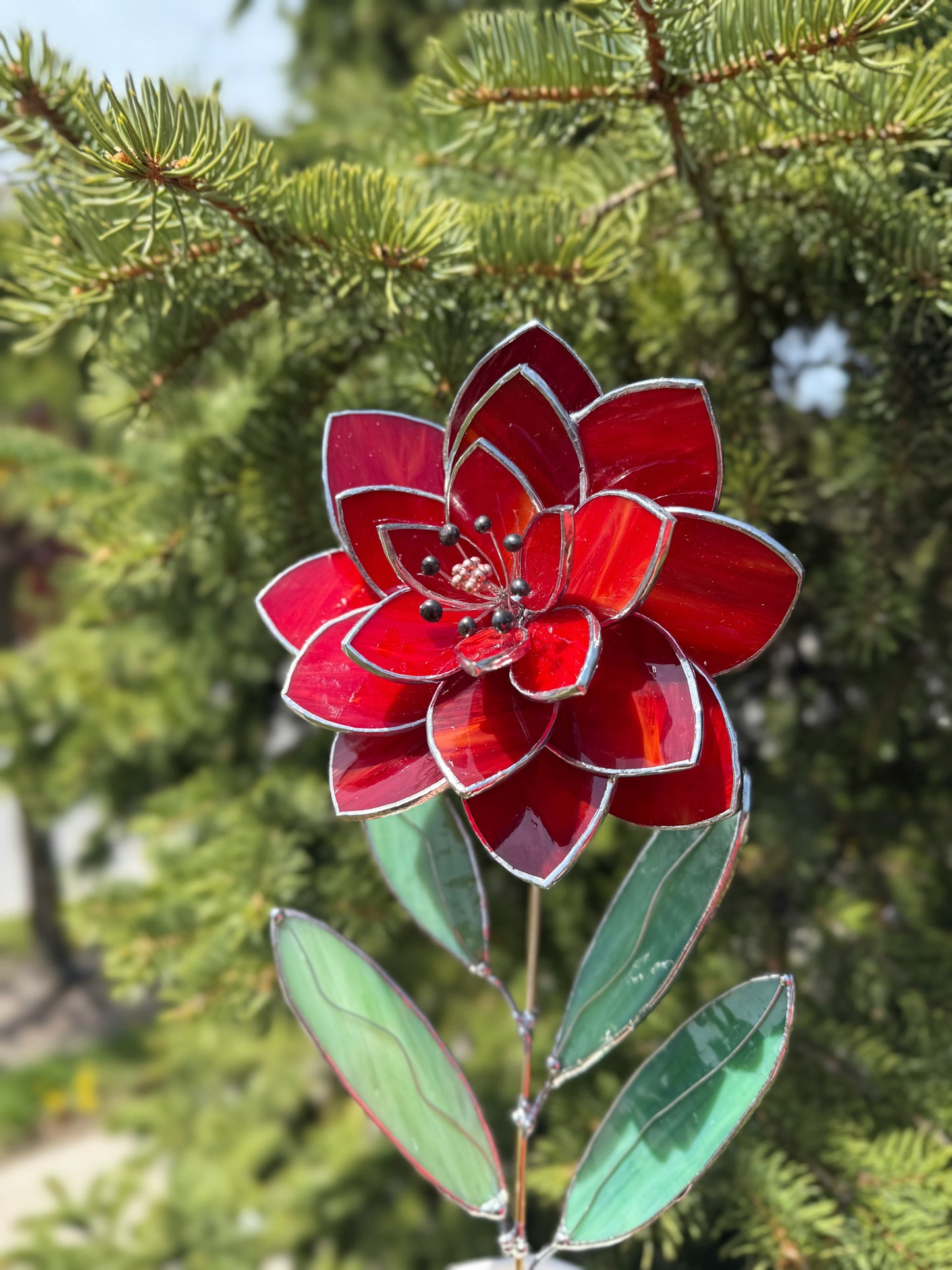 .Amber Red Peony Stained glass flower 3D Botanical Table Plant Decor new