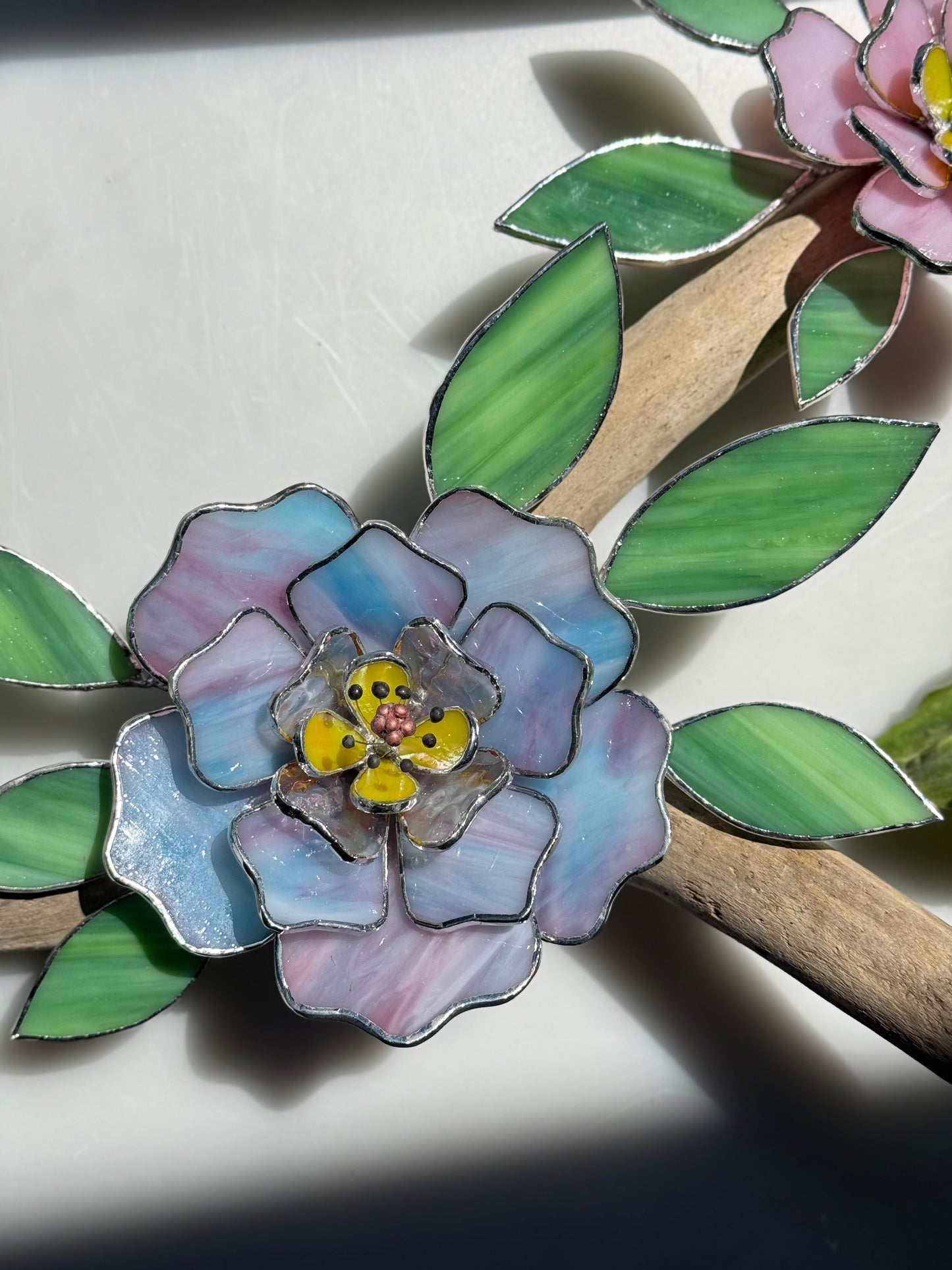 .Peonies Stained Glass Driftwood Wall Decor Suncatcher