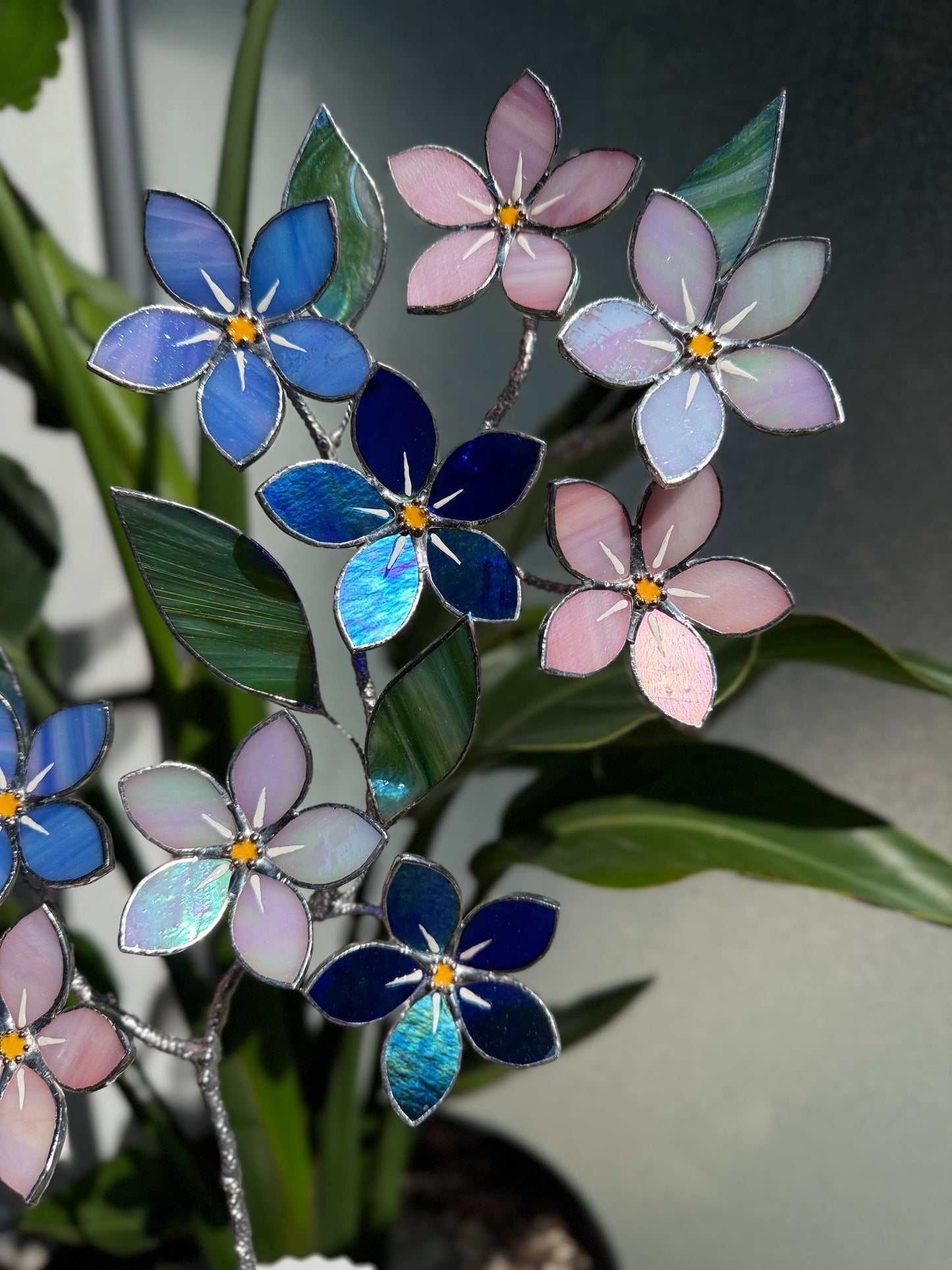 FORGET ME NOT Brunch 10 flowers in a pot, Stained glass Handcrafted Floral Home Decor