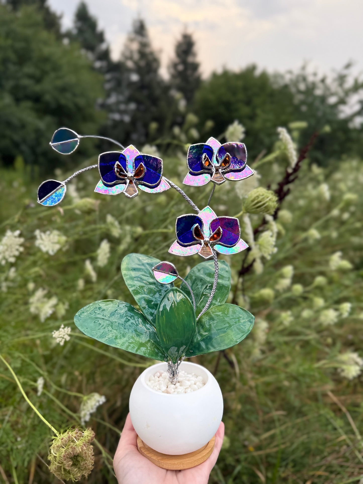 Orchid Indigo Iridescent Stained Glass WITH Hand Painted RESIN LEAVES, 3 Flowers, Botanical Table Decor