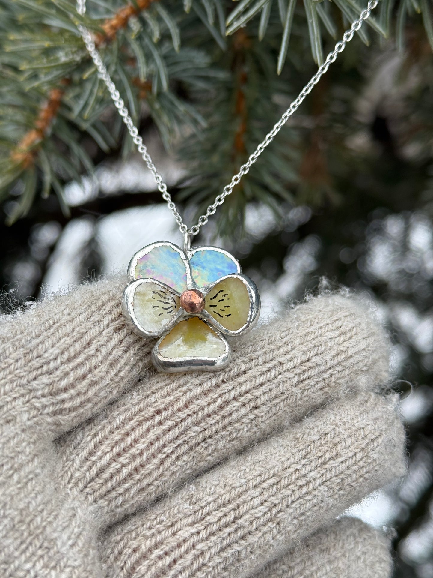 " . Pansy Lavender irid & Yellow irid Necklace” Stained glass tropical flower 3D, art jewelry