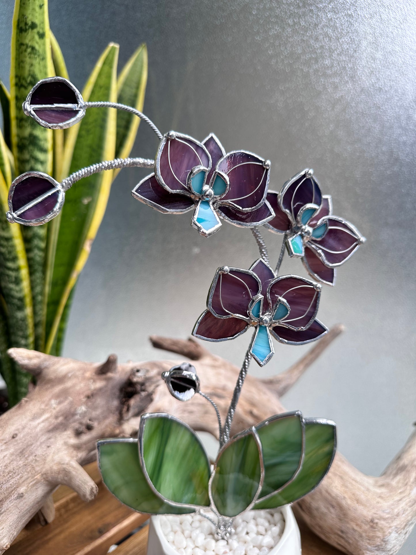 ". Reach Elderberry Orchid 3 flowers with pot” Stained glass tropical flower 3D, Sun catcher, Table plant decor, Garden stick, Outdoor and gardening decor