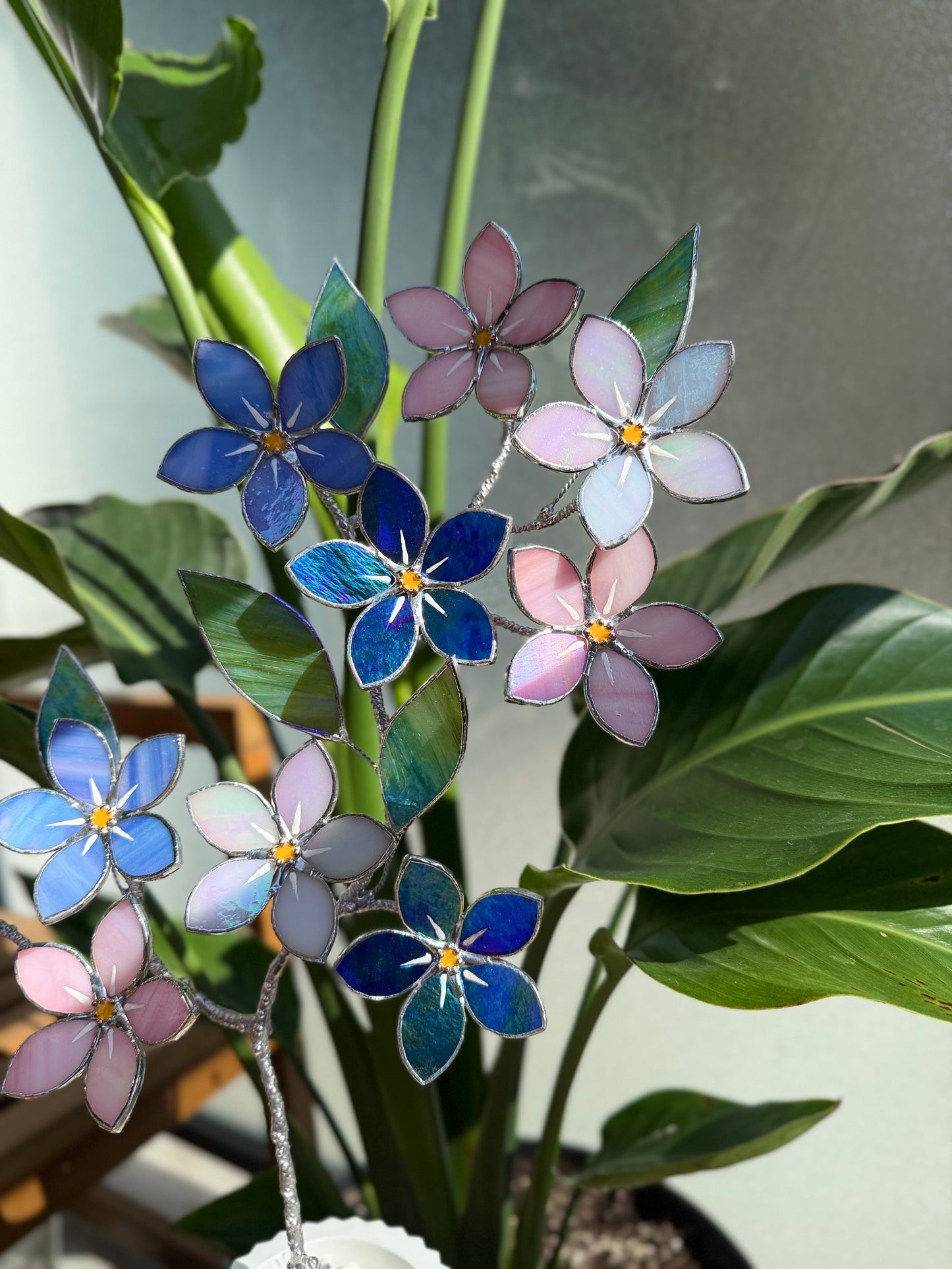 FORGET ME NOT Brunch 10 flowers in a pot, Stained glass Handcrafted Floral Home Decor