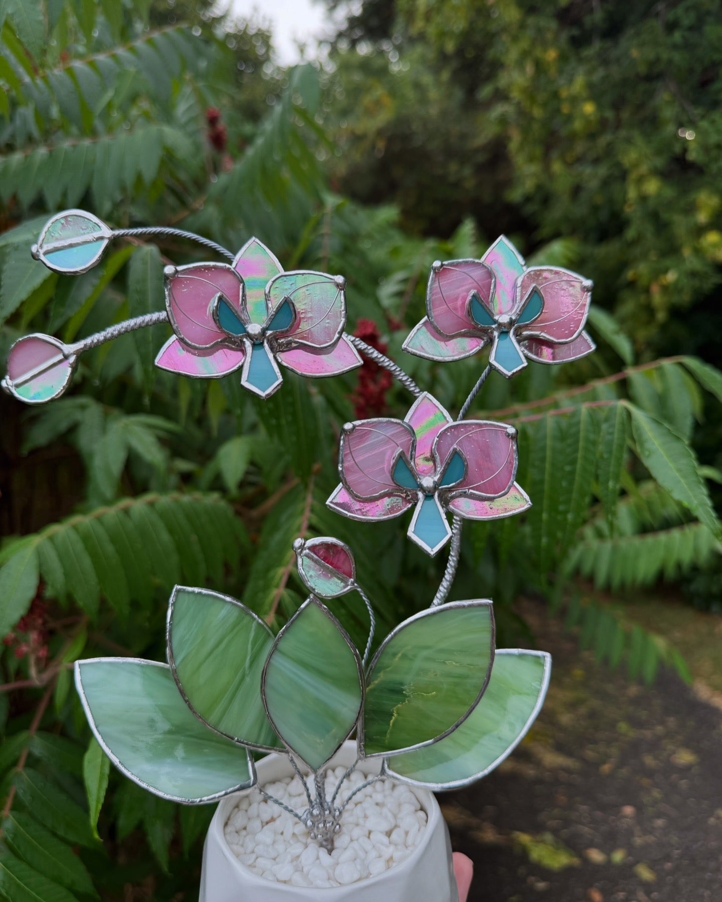 " . Candy Pink iridescent Orchid 3 flowers with pot” Stained glass tropical flower 3D, Sun catcher, Table plant, Garden stick, Outdoor and gardening decor