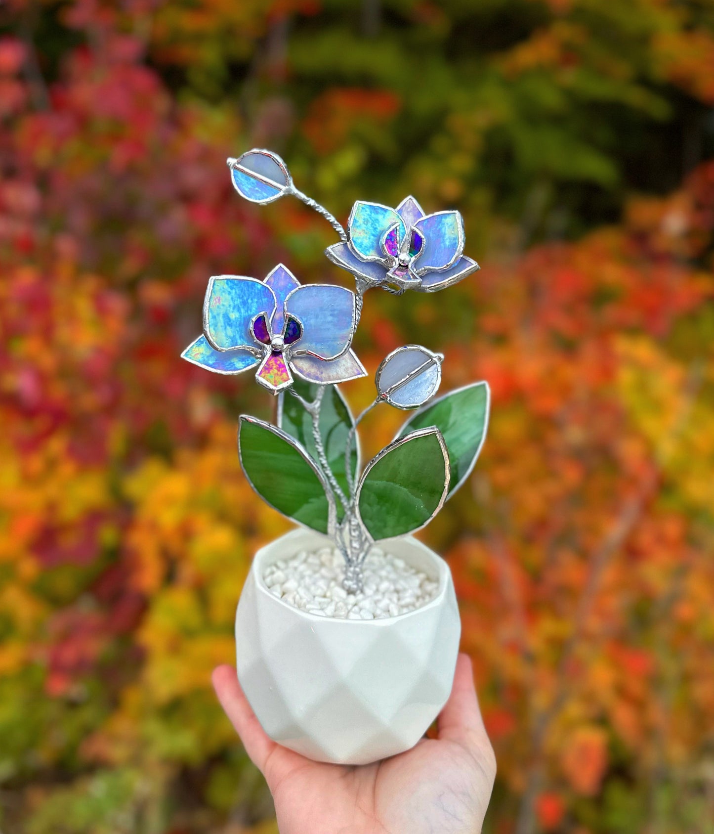 " . Lavender iridescent Orchid 2 flowers with pot” Stained glass tropical flower 3D, Sun catcher, Table plant decor, Garden stick, Outdoor and gardening decor