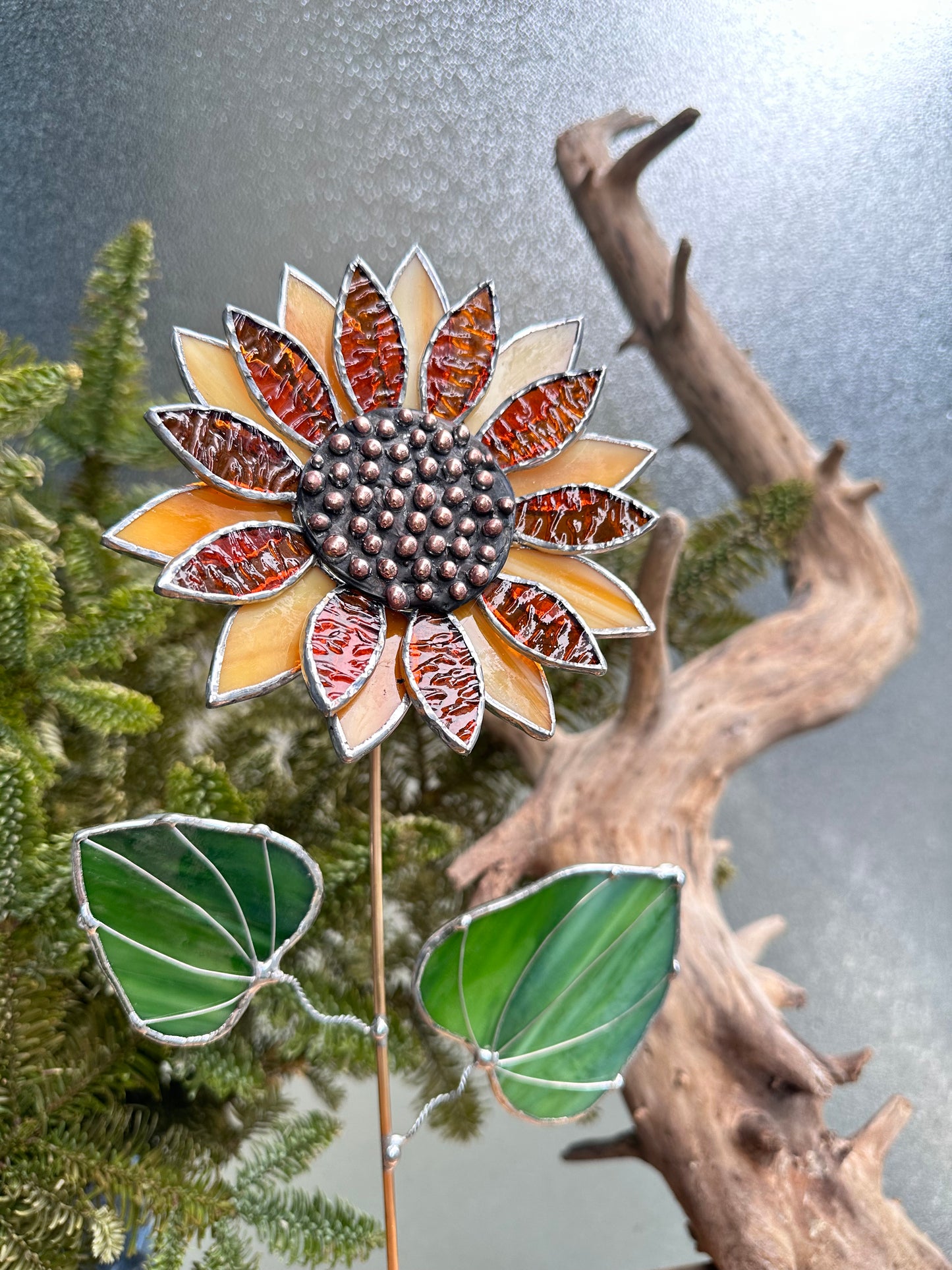 ".Sunflower Dark Amber", stained glass tropical flower 3D, Sun catcher, Table plant decor, Garden stake, Outdoor and gardening, wedding Christmas gift