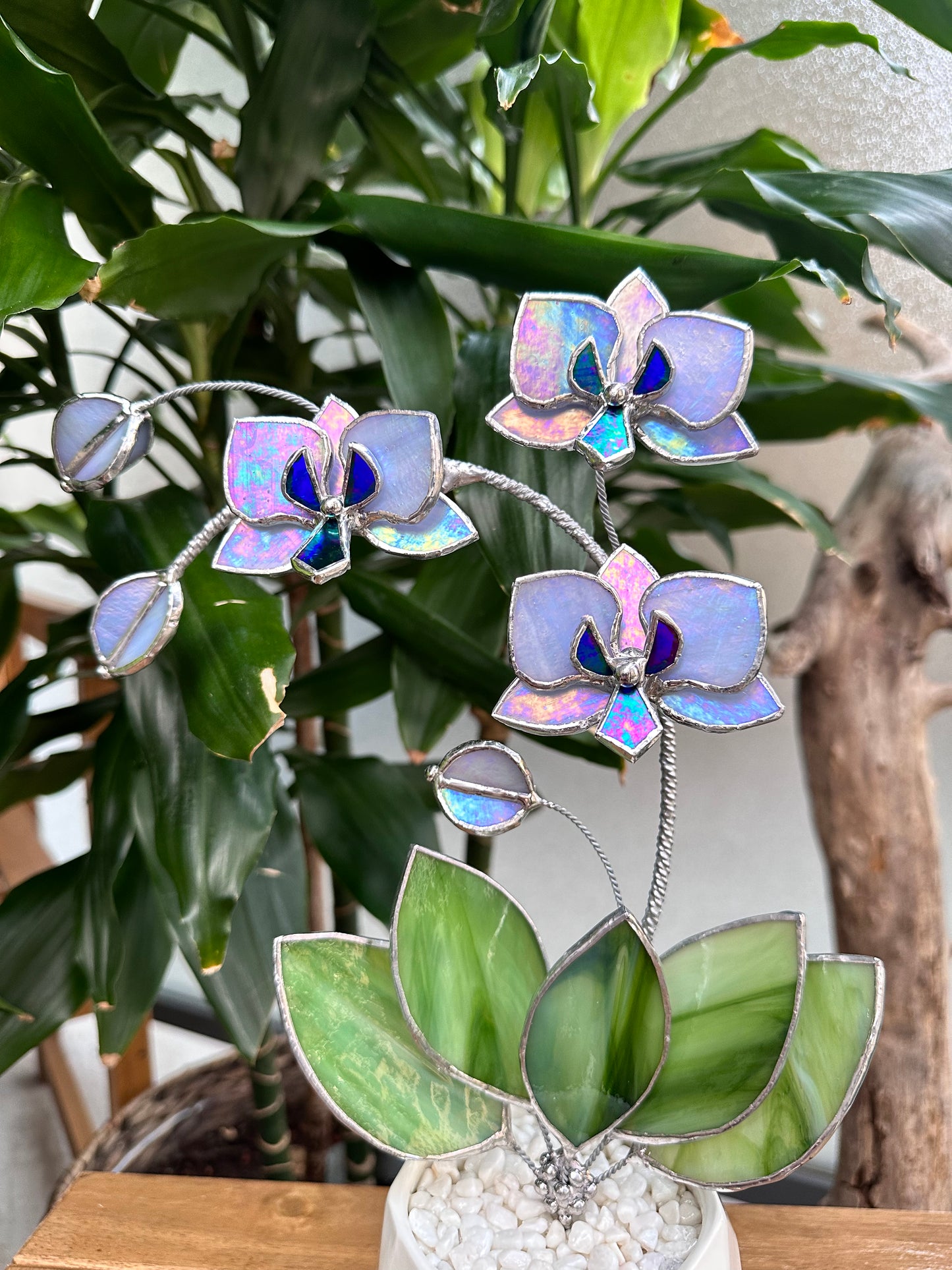 " . Lavender iridescent Orchid 3 flowers with pot” Stained glass tropical flower 3D, Sun catcher, Table plant, Garden stick, Outdoor and gardening decor