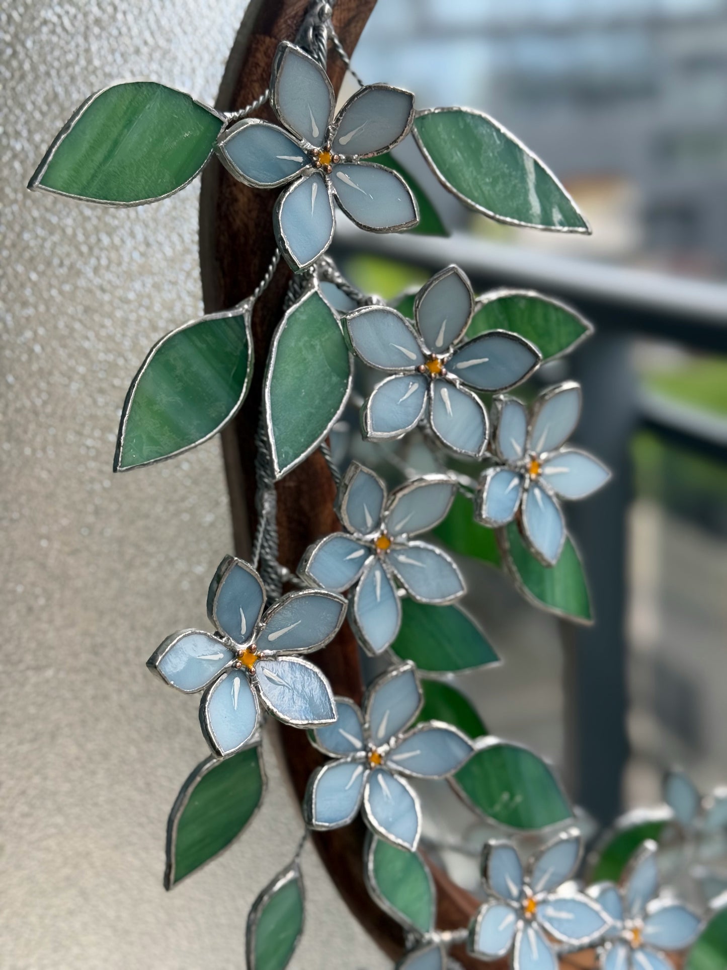 .Forget Me Nots Stained glass Wall Mirror, 3D Botanical Floral Art ready