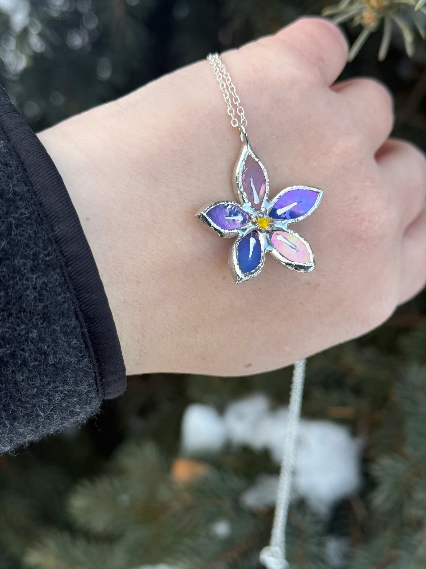 " . Necklace Forget Me Not flower Blue luminescent Stained glass, Modern art, jewelry