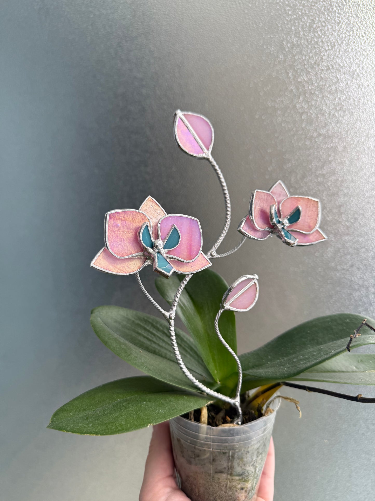 "  . Bright Pink iridescent Orchid flower stick, Plant stake 2 flowers no pot” Stained glass decor