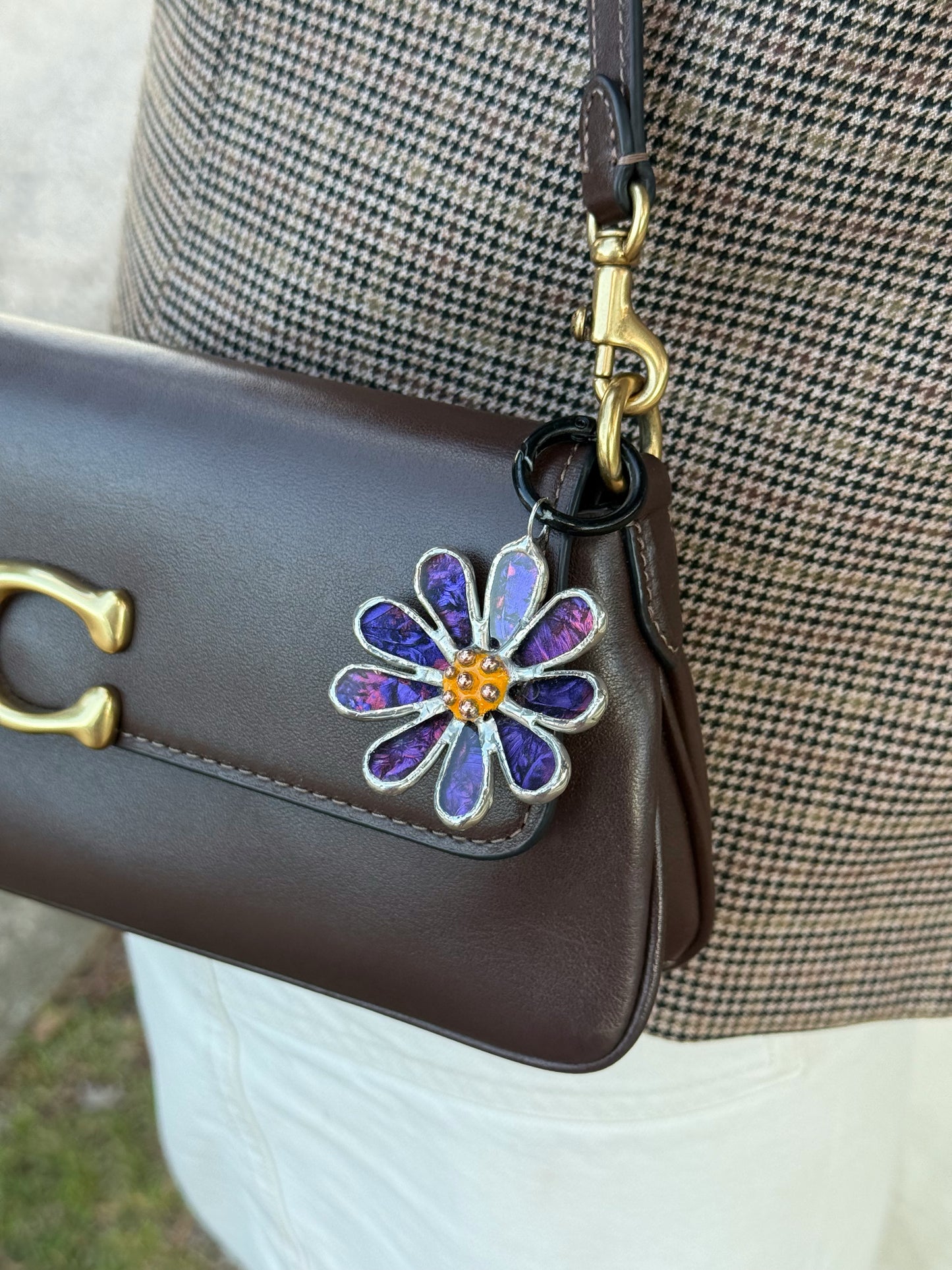 Daisy Purple & Pink Stained Glass Bag Charm Handmade Lead Free Accessories