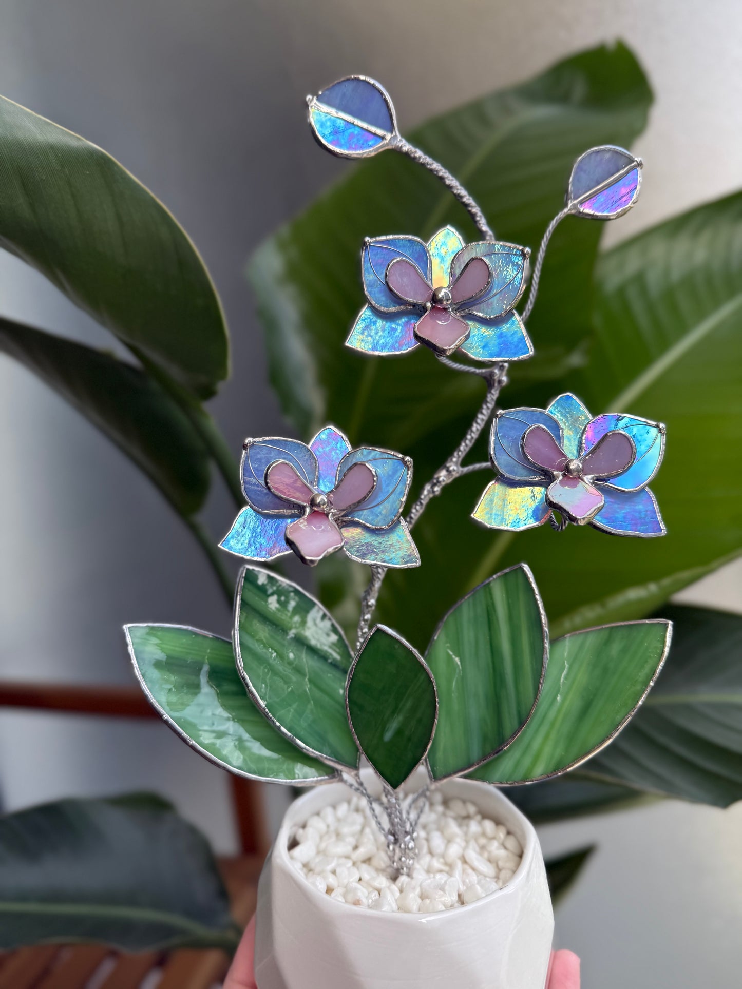 .Blue Lavender Orchid in a pot, 3 flowers Botanical Stained Glass Modern Art Decor new