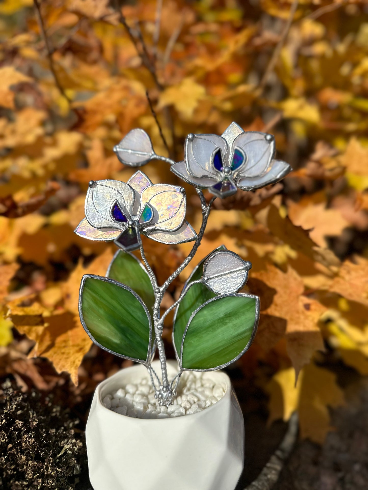 " . Orchid White Pearl iridescent, 2 flowers with pot” Stained glass tropical flower 3D, Sun catcher, Table plant decor, Garden stick, Outdoor and gardening decor