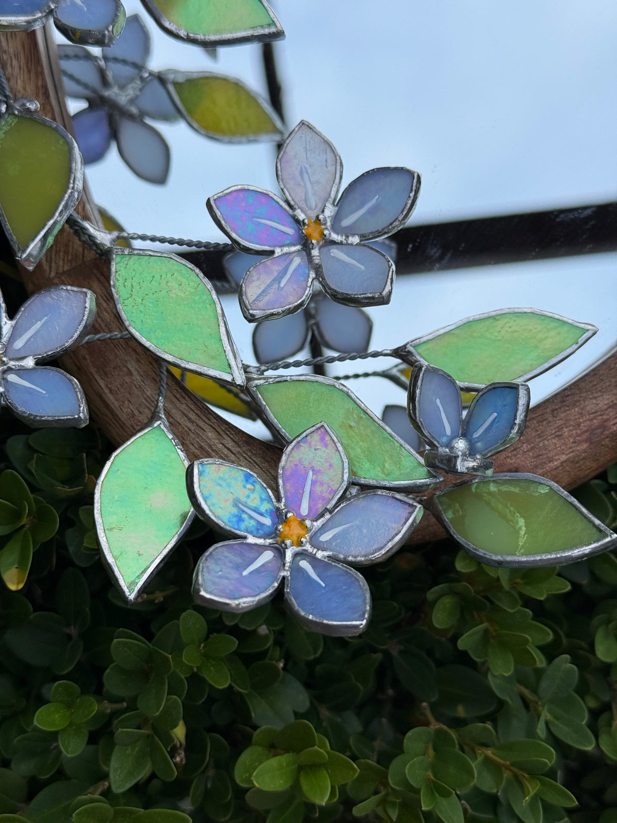 Forget Me Not iridescent Stained glass Flower Mirror, 3D Botanical Floral Wall Art ready new