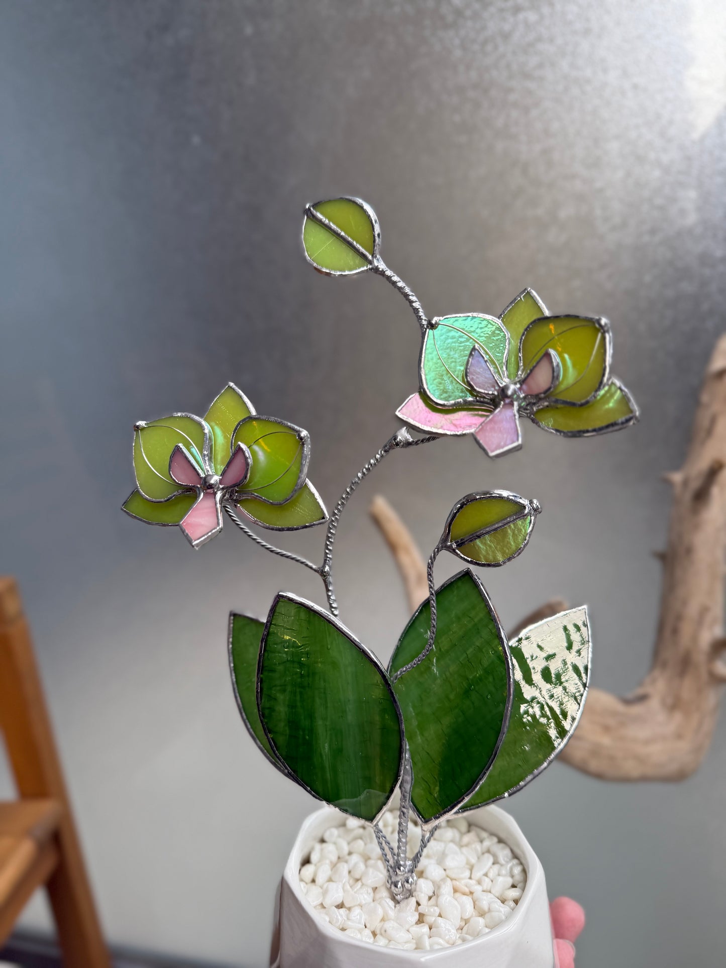 " .  Bright green iridescent Orchid, 2 flowers with pot” Stained glass tropical flower 3D, Suncatcher, Table plant decor