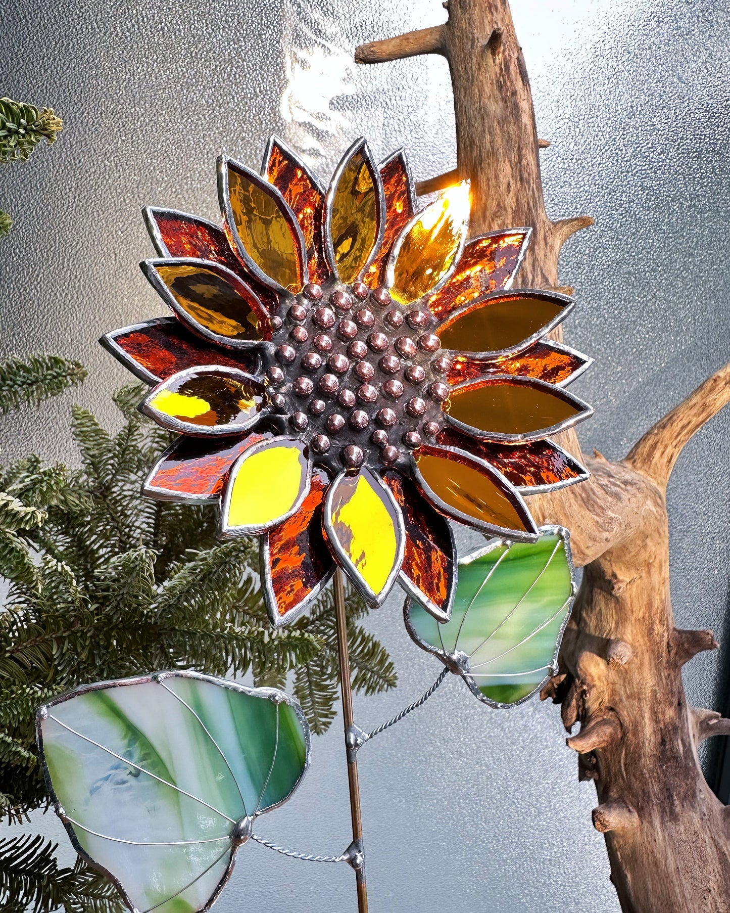 ".Golden Sparcling Sunflower" Stained glass tropical flower 3D, Sun catcher, Table plant decor, Garden stake, wedding decor, Christmas gift