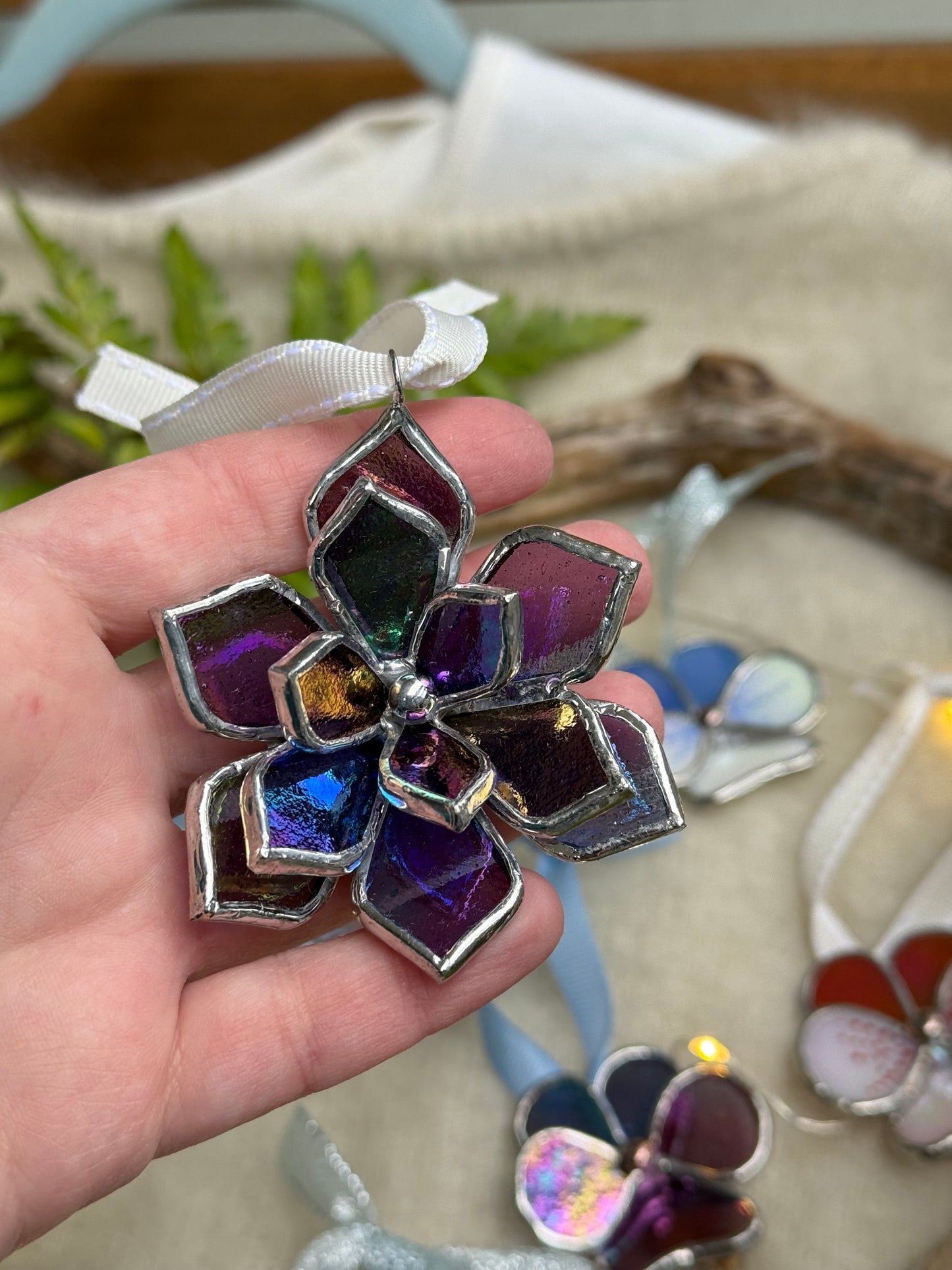 Stained glass ornament Flower Plum iridescent, Wall window decor, holiday decoration