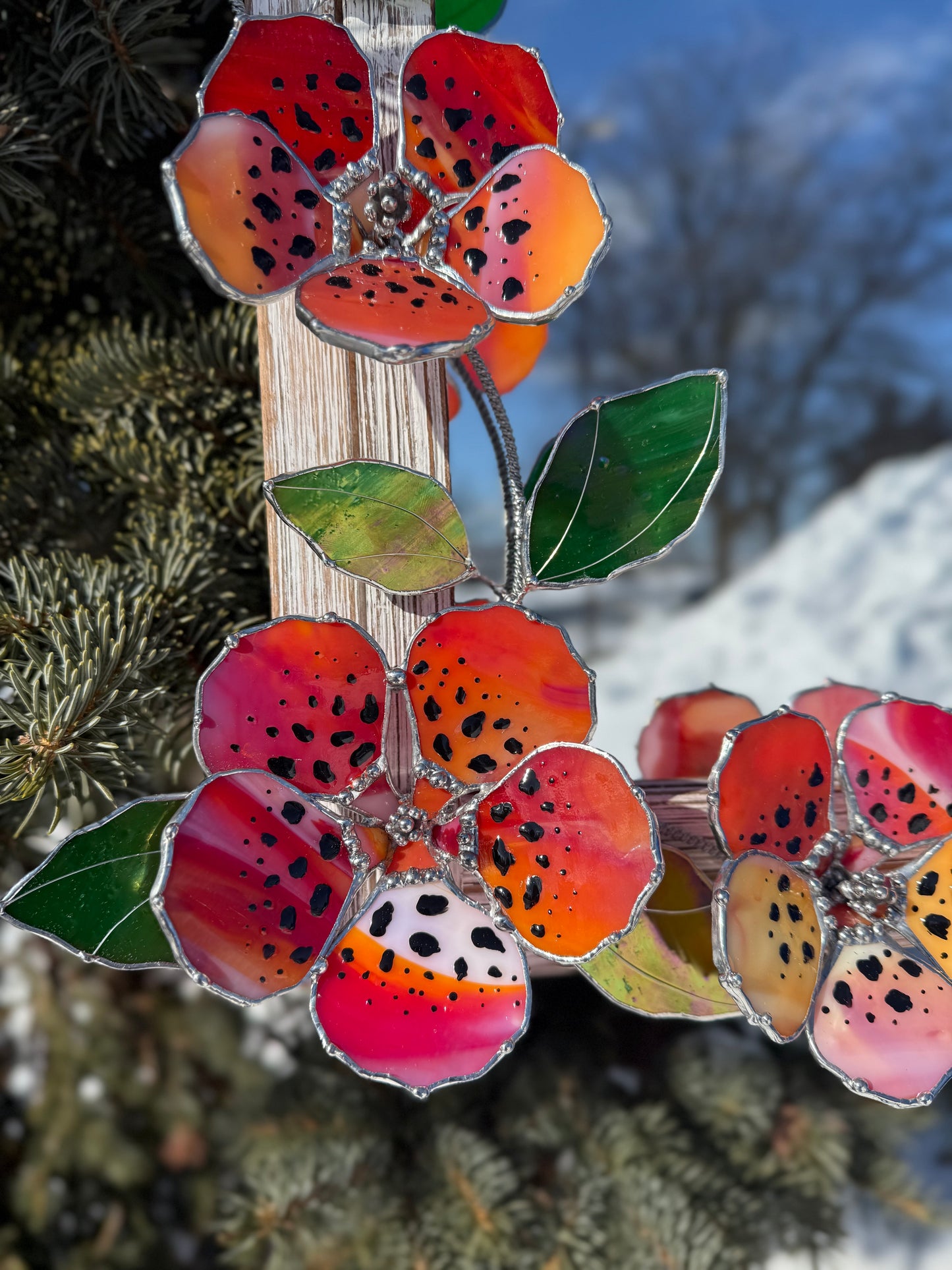 .Tiger Hibiscus Stained glass Wall Mirror, 3D Botanical Floral Art