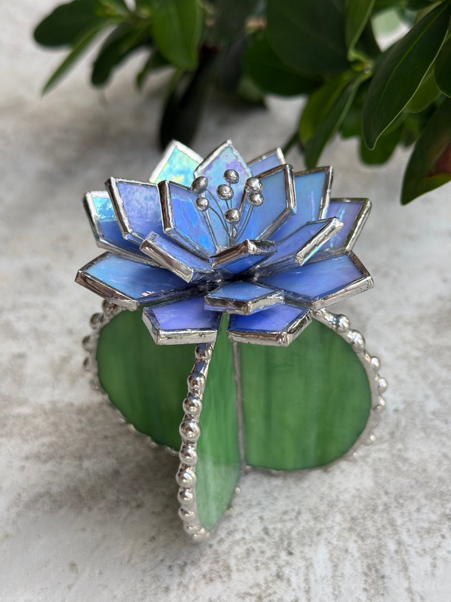 "Cactus Sky blue lumi & green ribbed" Stained glass Succulent 3D design, house plant for flower pot, Sun catcher, glass art, wedding decor