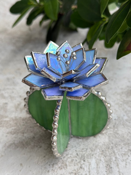 "Cactus Sky blue lumi & green ribbed" Stained glass Succulent 3D design, house plant for flower pot, Sun catcher, glass art, wedding decor