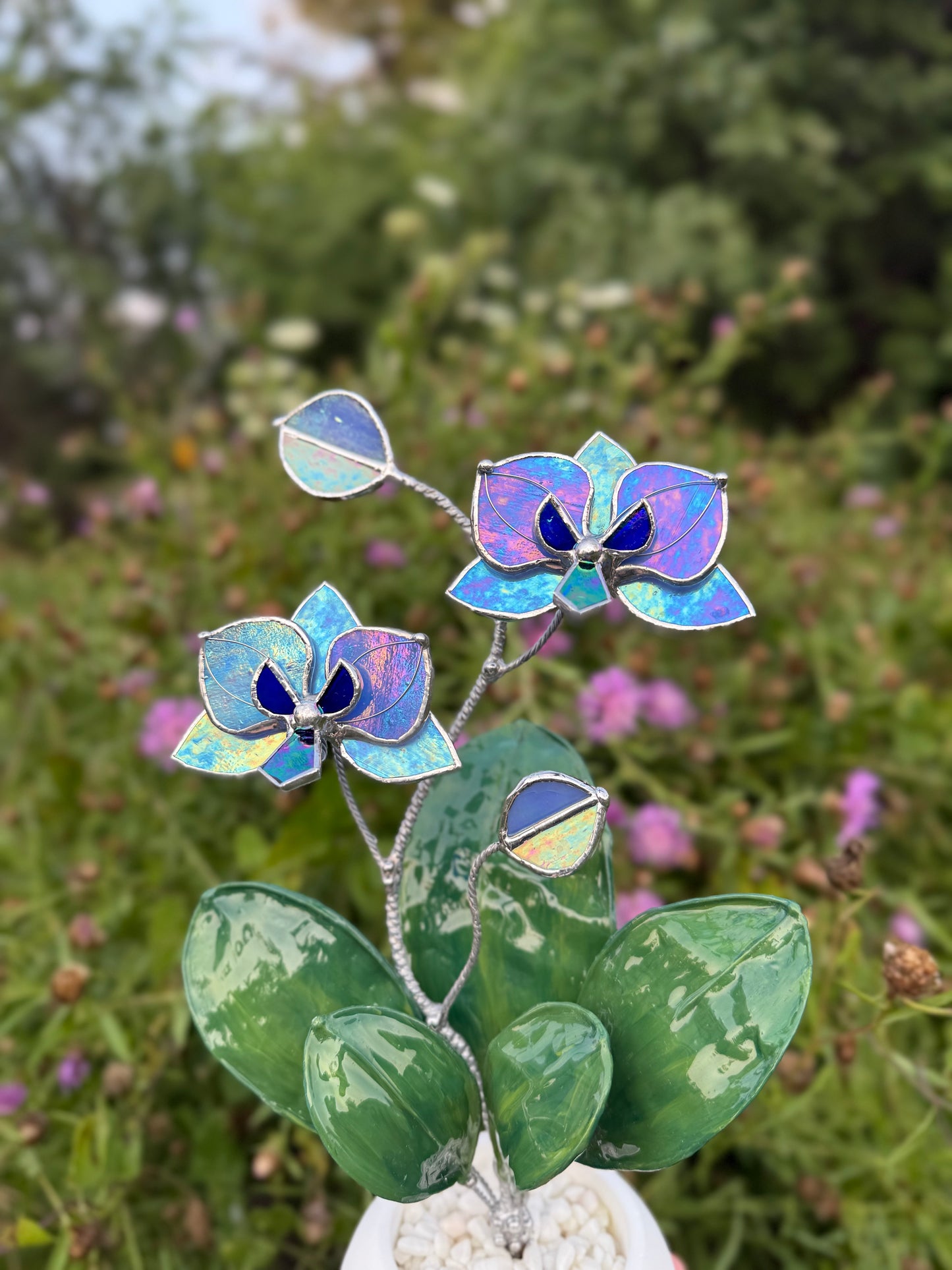 Orchid Blue lavender WITH RESIN Hand painted LEAVES Stained Glass 2 flowers in a Pot, Botanical Art Sculpture