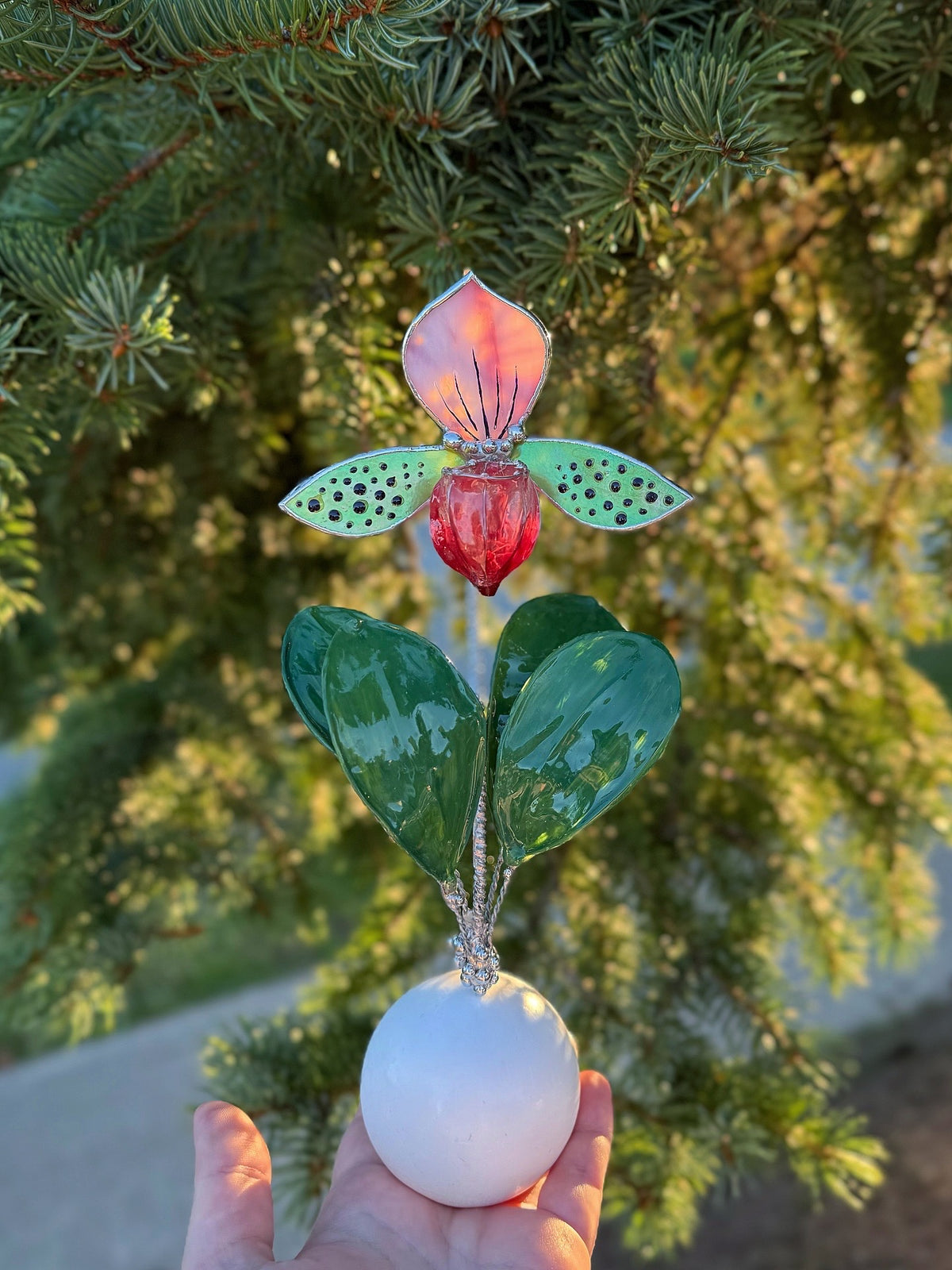Lady’s Slipper Orchid, Handpainted Artificial Flower With Resin Leaves, Botanical Art Stained glass