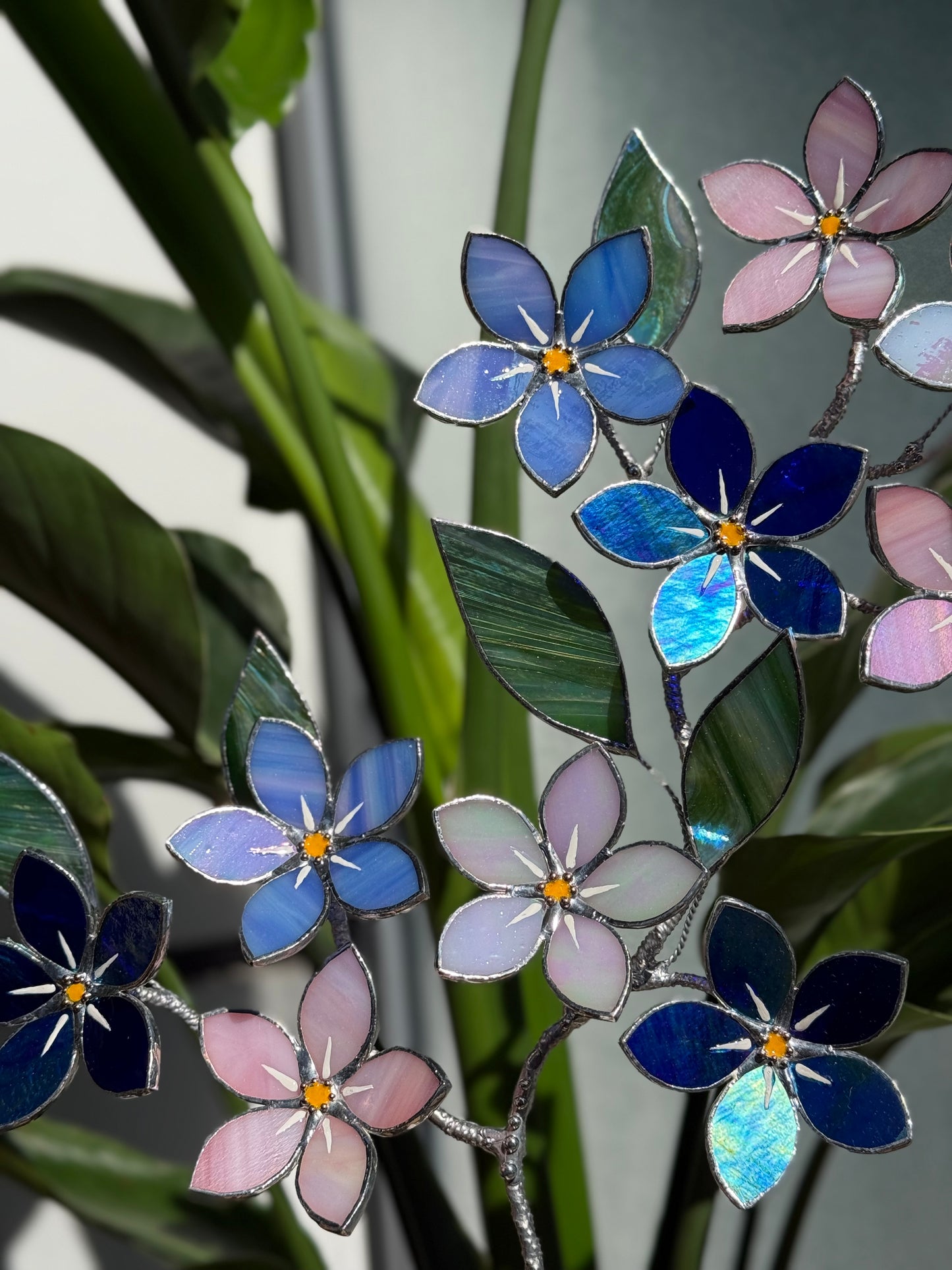 FORGET ME NOT Brunch 10 flowers in a pot, Stained glass Handcrafted Floral Home Decor