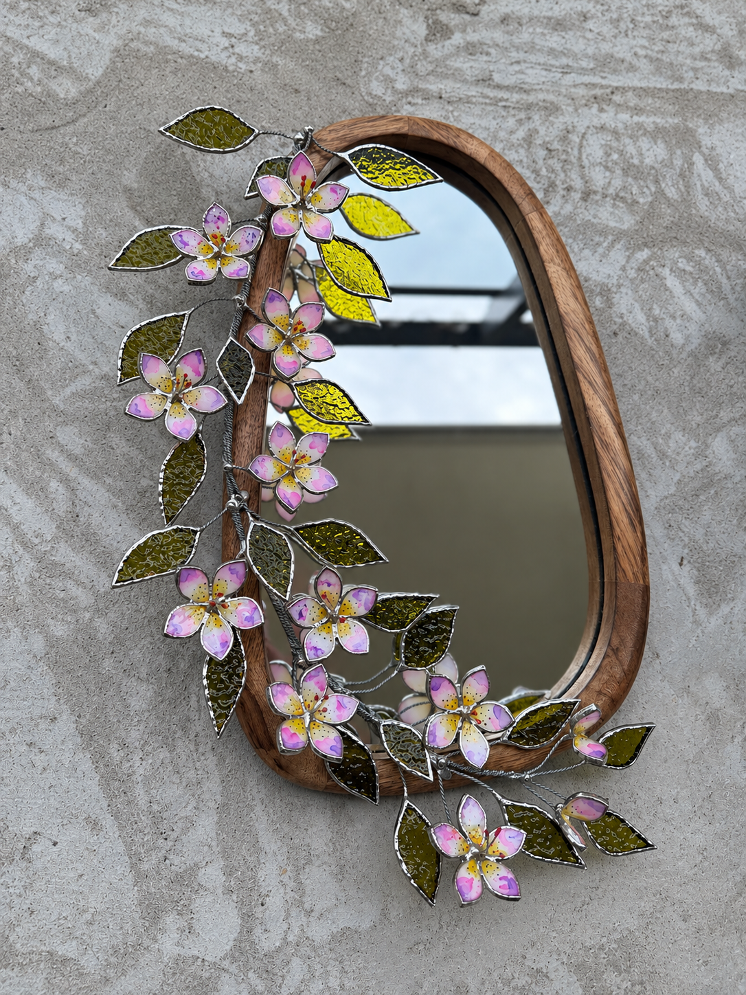.Tropical Flower Hand Painted Stained glass Flower Mirror, 3D Botanical Floral Wall Art ready new