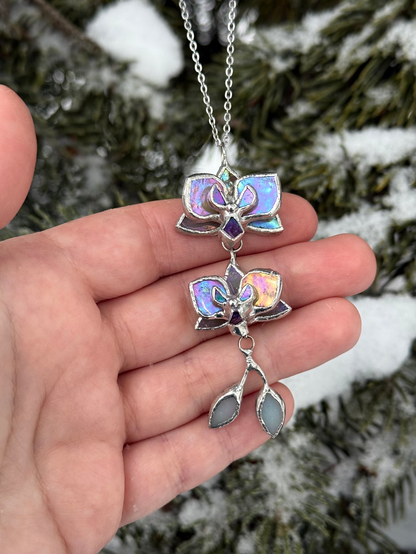 " . Necklace Orchid 2 flowers with buds Beige iridescent” Stained glass tropical flower 3D, art jewelry