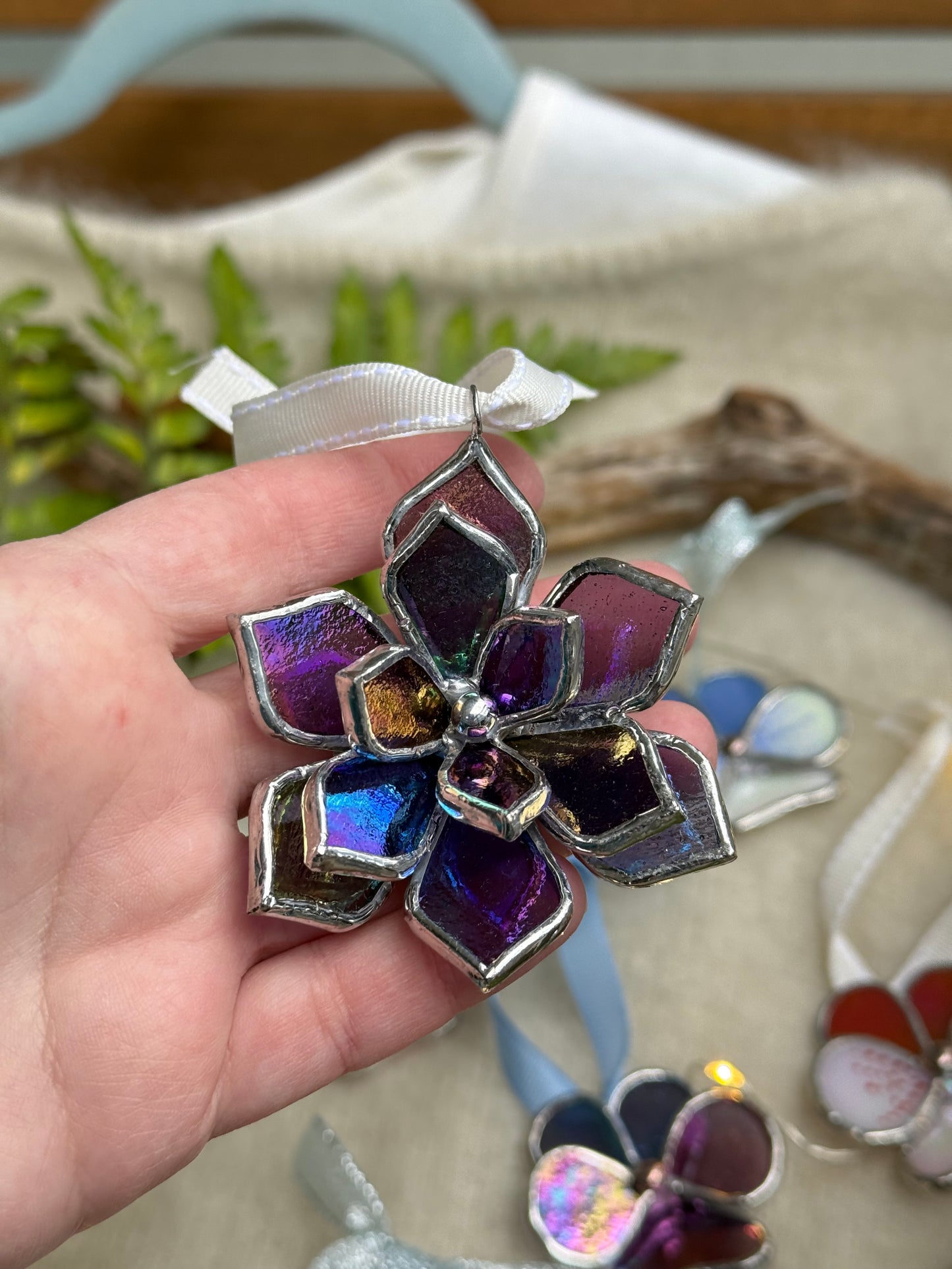 Stained glass ornament Flower Plum iridescent, Wall window decor, holiday decoration