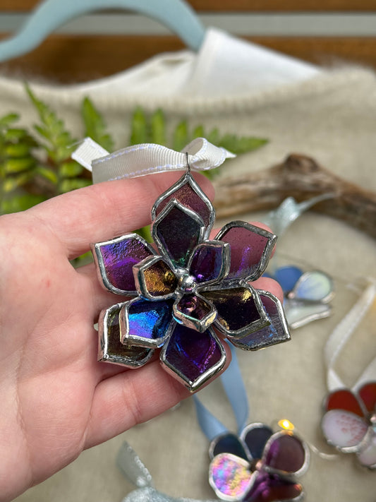 Stained glass ornament Flower Plum iridescent, Wall window decor, holiday decoration