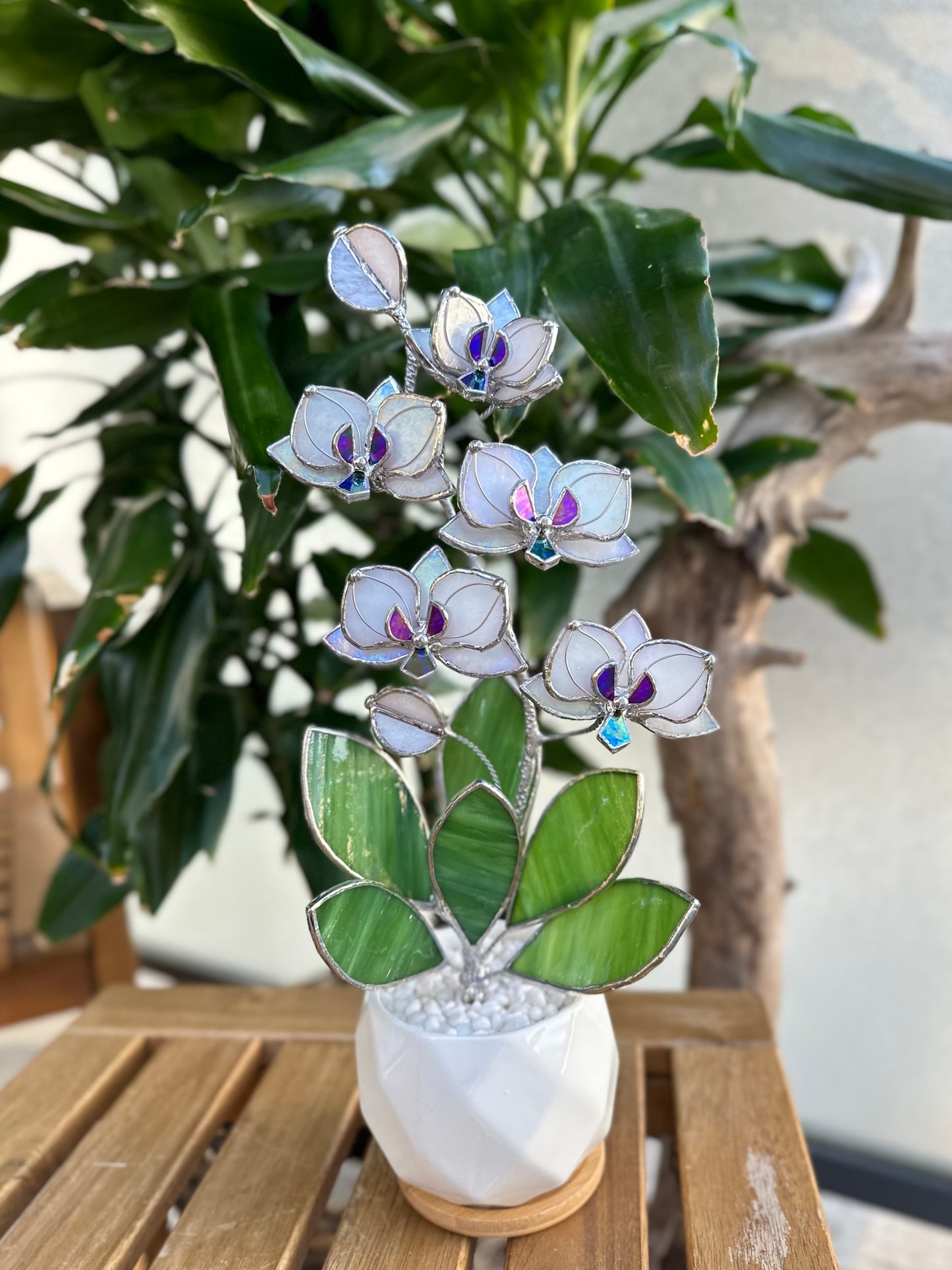 " . Orchid М Pearl White, 5 flowers with pot”, Stained glass tropical flower 3D, Sun catcher, Table plant, Garden stick, Outdoor and gardening decor