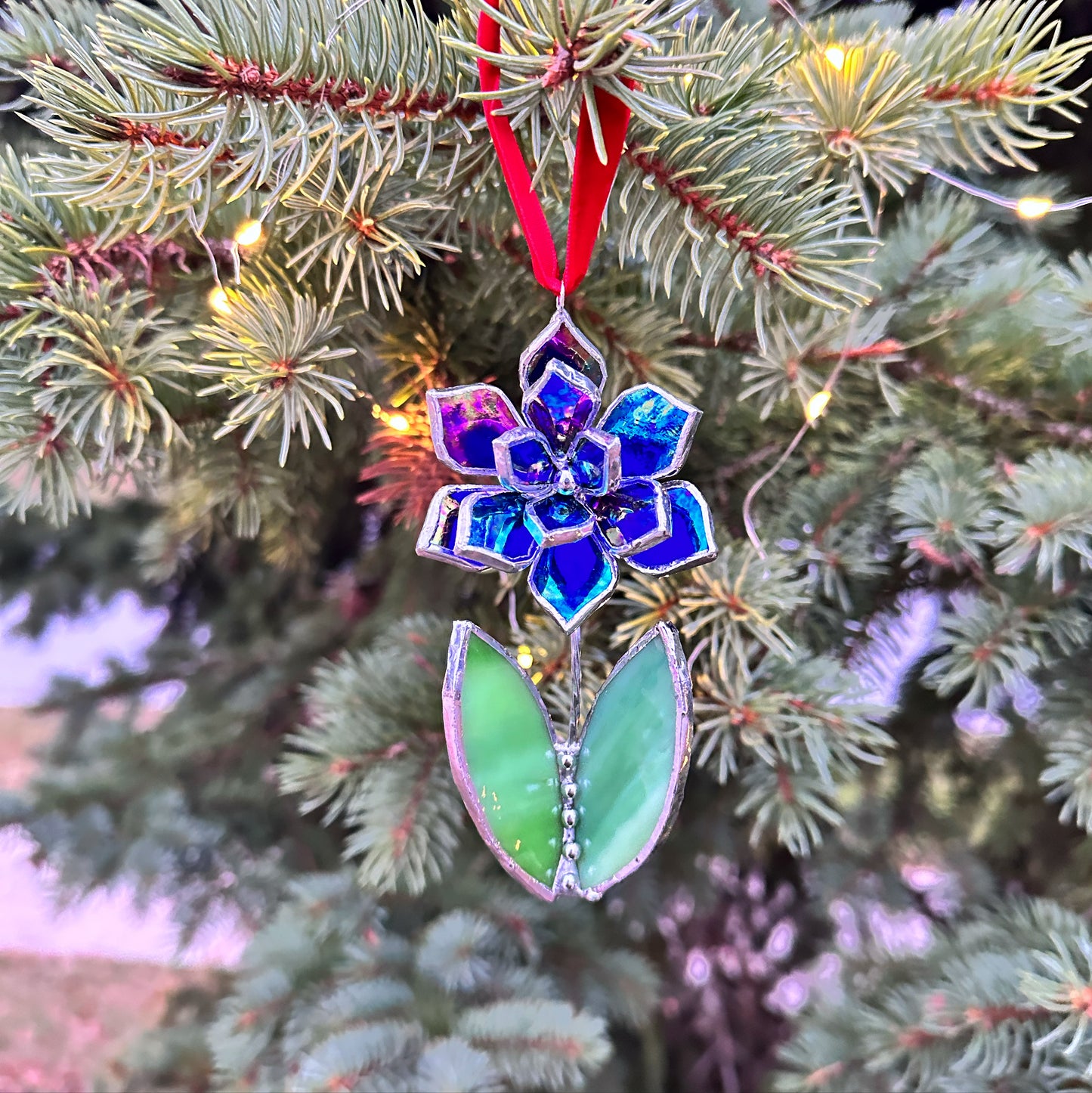 Christmas tree ornament Flower Indigo iridescent Set of 1, 3, 5, 7, 10. Stained glass Wall window decor, holiday decorations, lights