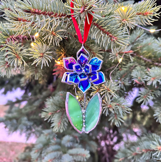 Christmas tree ornament Flower Indigo iridescent Set of 1, 3, 5, 7, 10. Stained glass Wall window decor, holiday decorations, lights