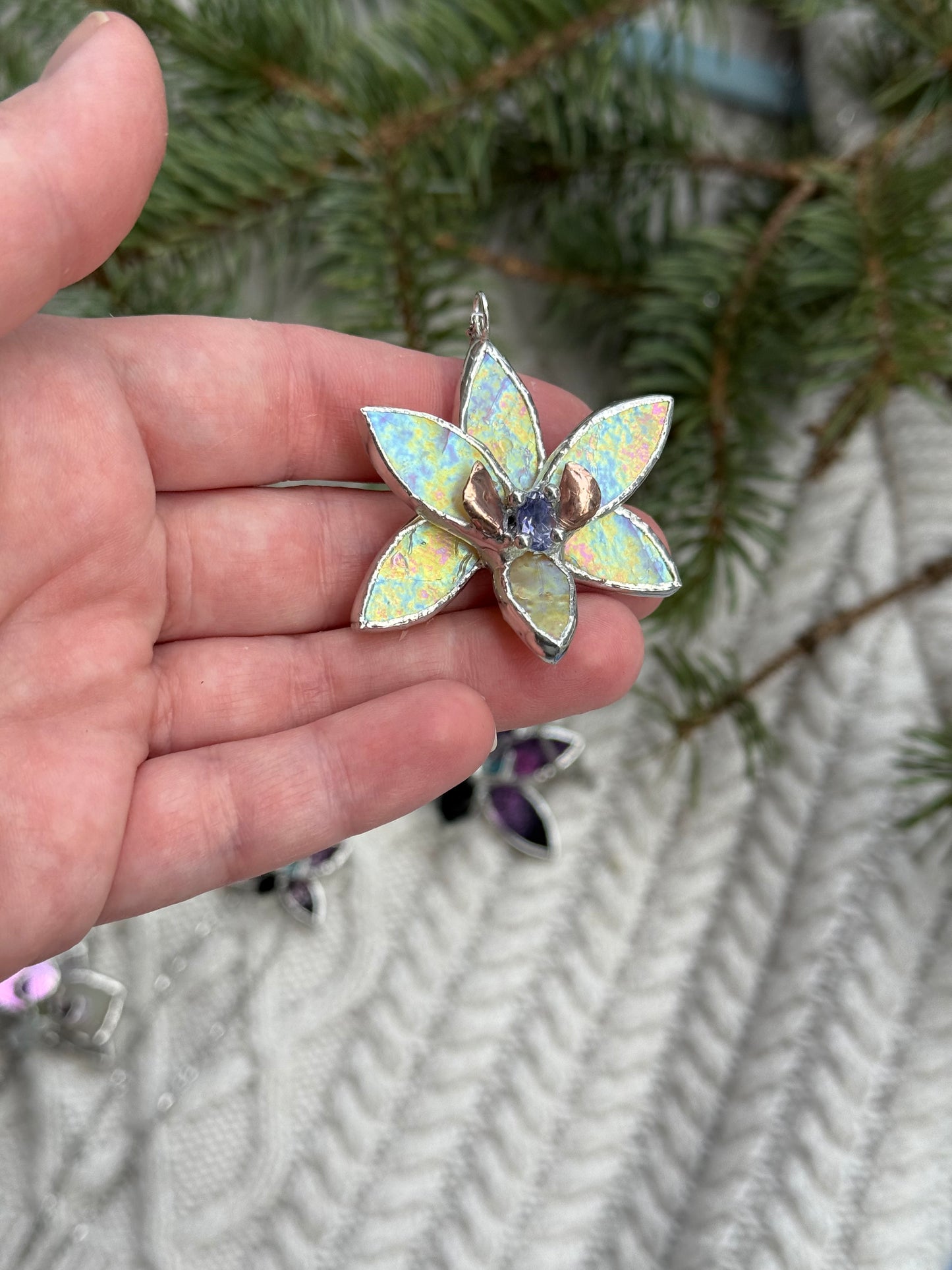 " . Necklace Tropical Orchid Yellow iridescent with Blue Iolite ” Stained glass tropical flower 3D, art jewelry