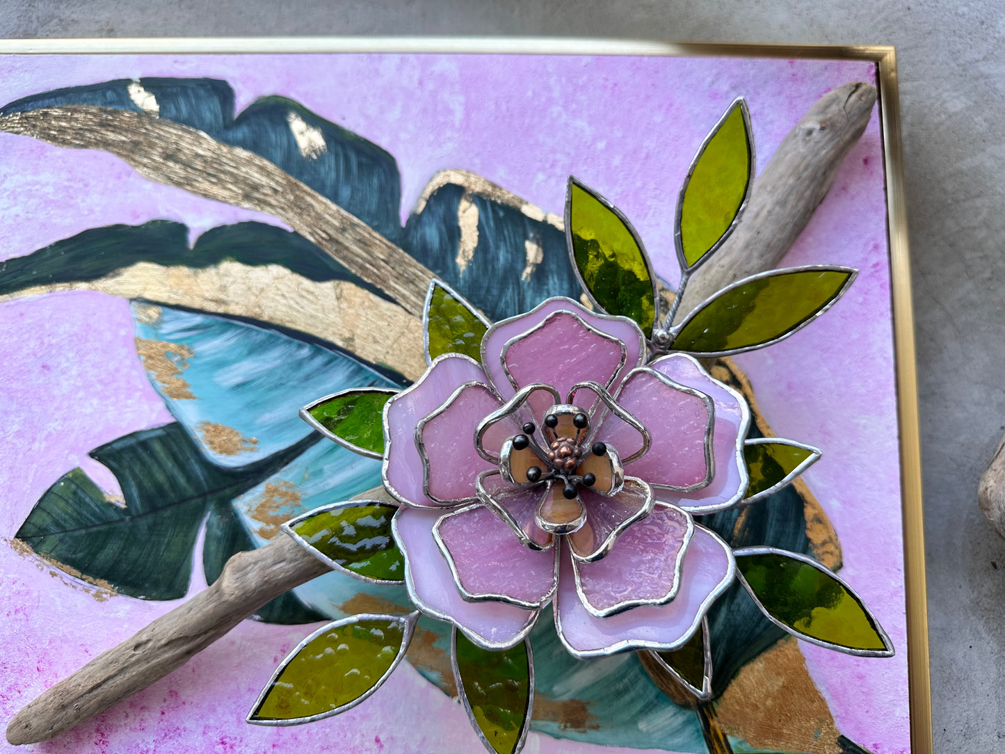 " .Acrylic painting ‘Tropical Flower’ with stained glass 3D flowers, Wall decor, Wedding, Christmas gift, available