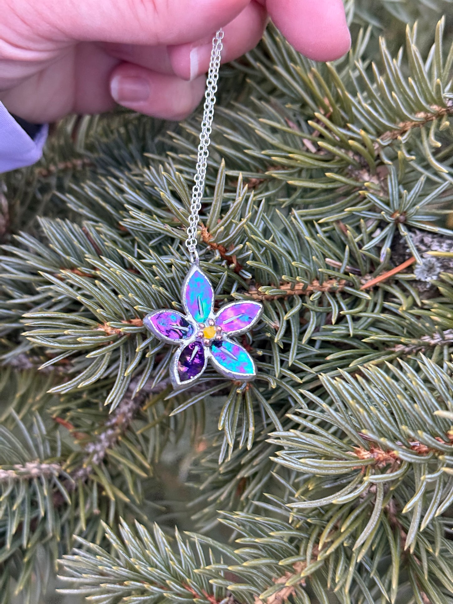 Forget Me Not Necklace Stained Glass Necklace Indigo, Botanical Jewelry