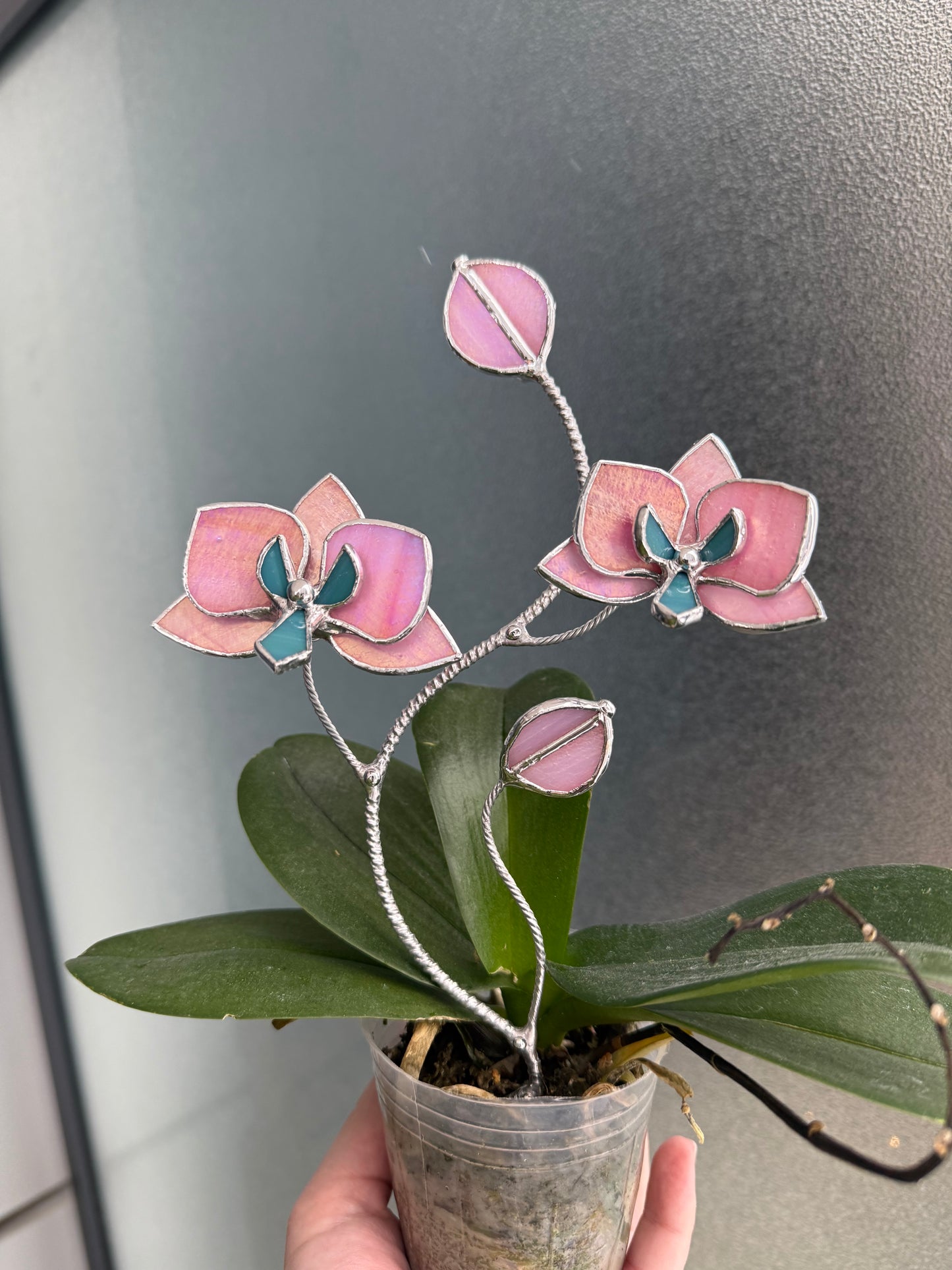 "  . Bright Pink iridescent Orchid flower stick, Plant stake 2 flowers no pot” Stained glass decor