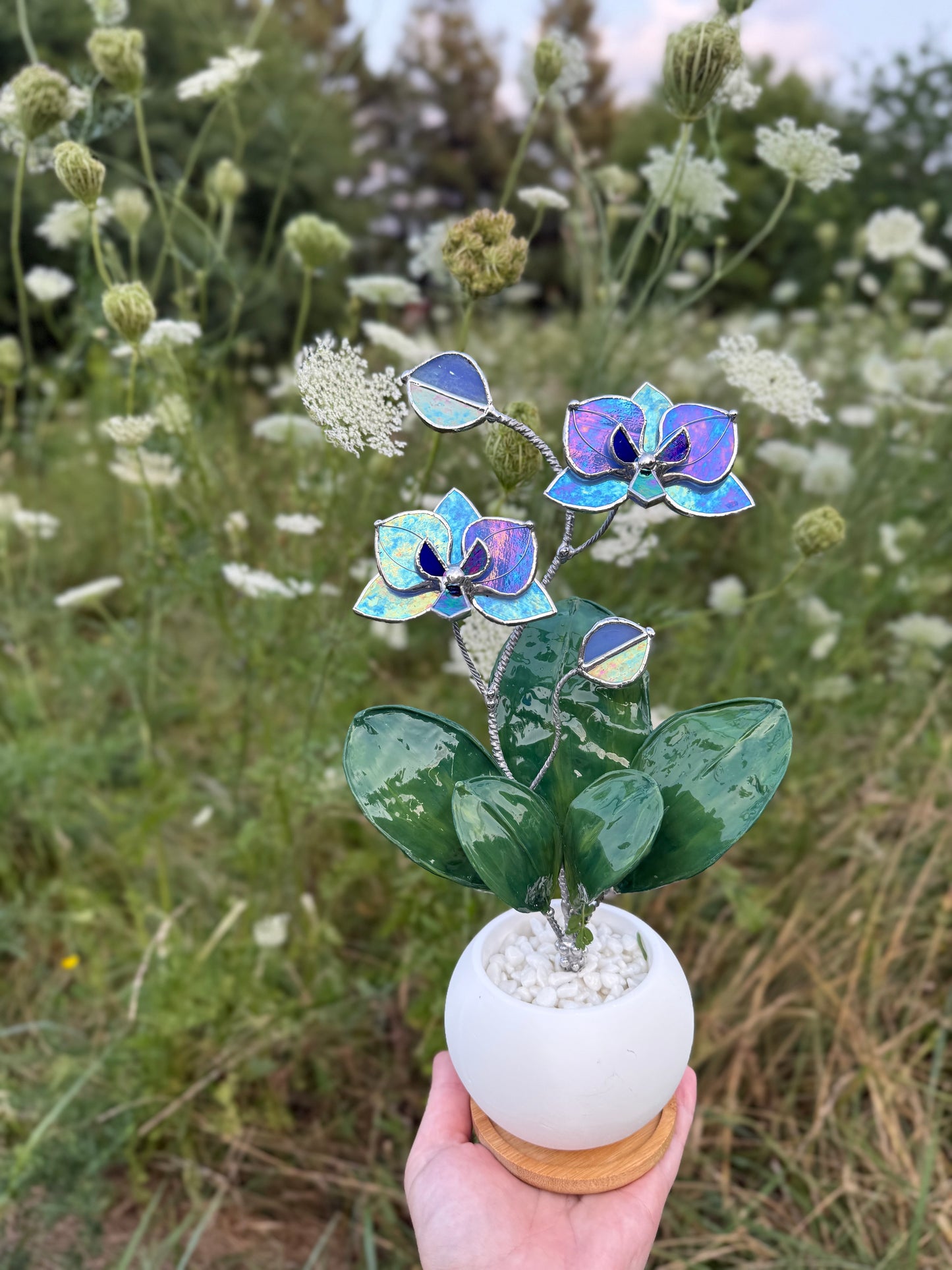 Orchid Blue lavender WITH RESIN Hand painted LEAVES Stained Glass 2 flowers in a Pot, Botanical Art Sculpture